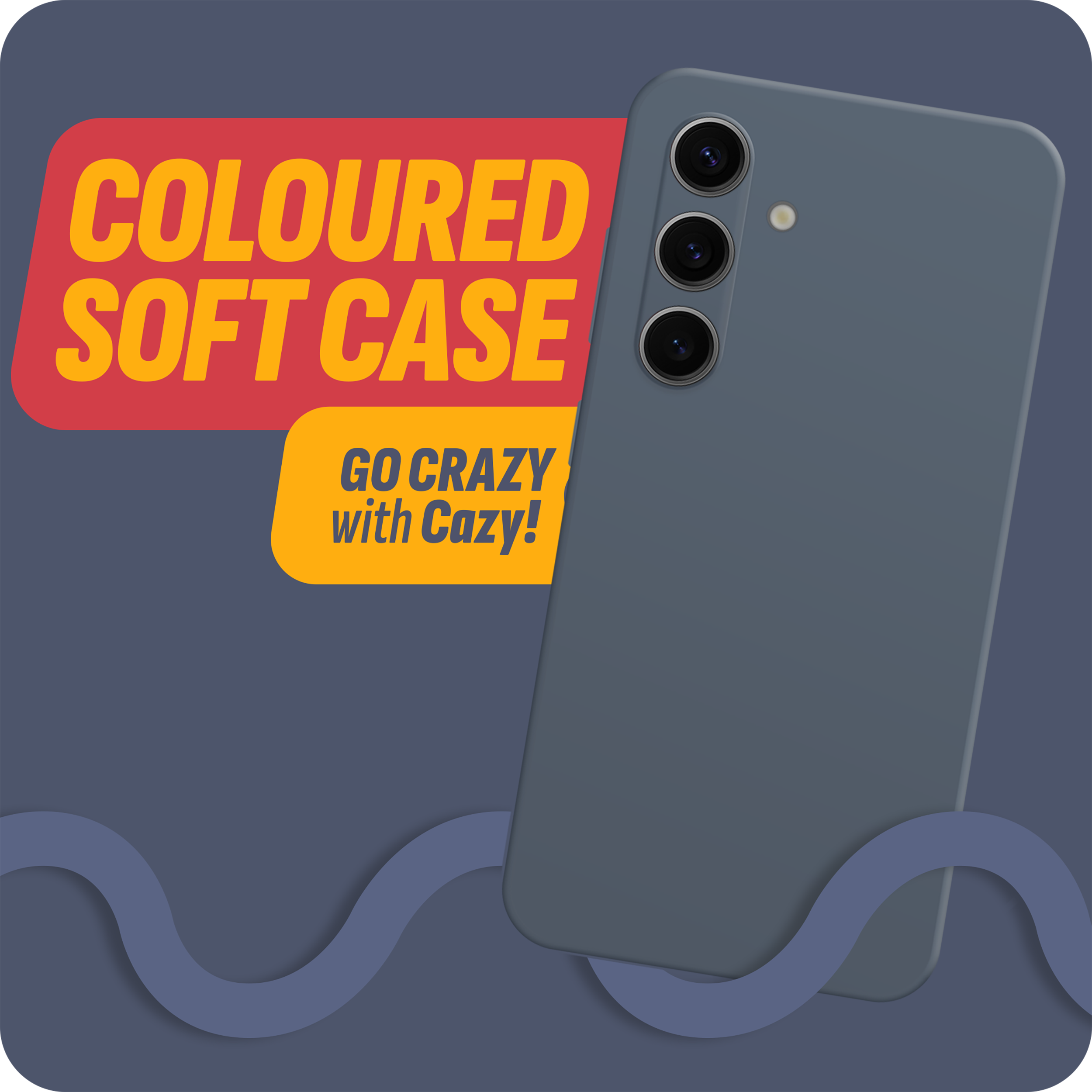 Handyhülle auf dunklem Hintergrund mit Text: COLOURED SOFT CASE, Go Crazy with Cazy!