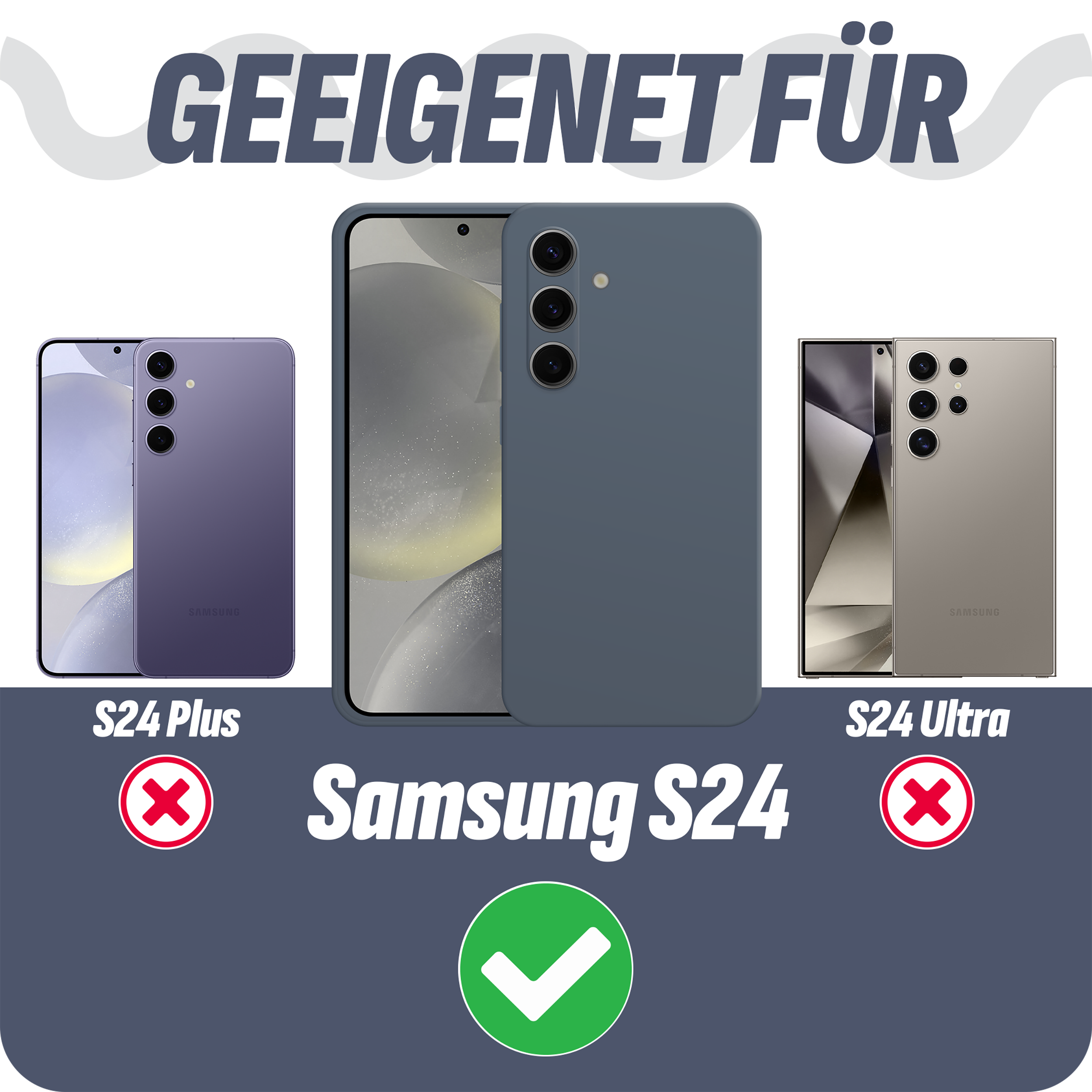 Drei Telefone mit Hüllen. Das Samsung S24 ist das einzige, das mit der Hülle kompatibel ist.