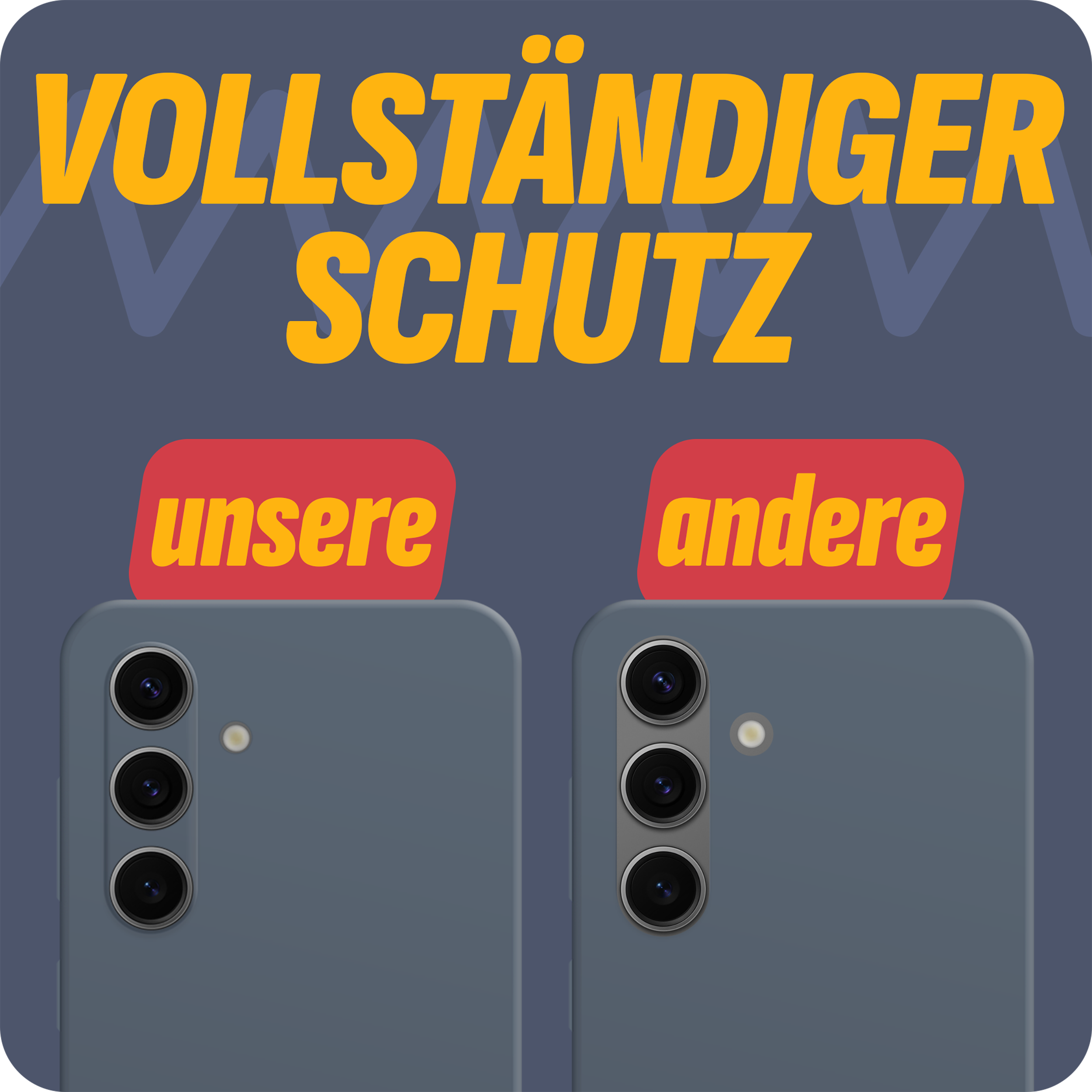Telefonrückenvergleich. Text: Vollständiger Schutz. Telefonrücken: Unsere vs. Andere. Telefonrücken sind grau.