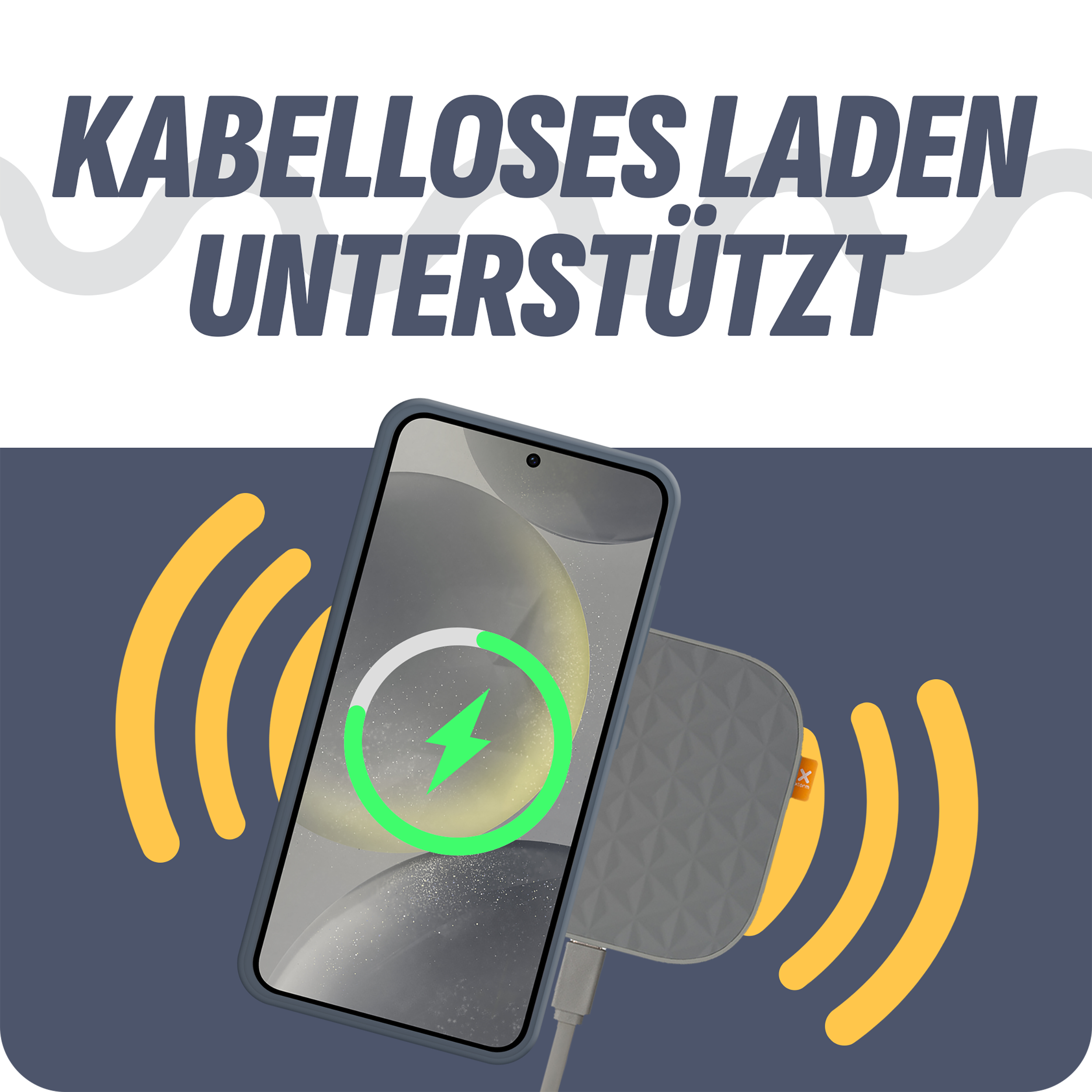 Ein Telefon auf einem kabellosen Ladegerät mit einem Ladesymbol. Der Hintergrund ist dunkelblau.