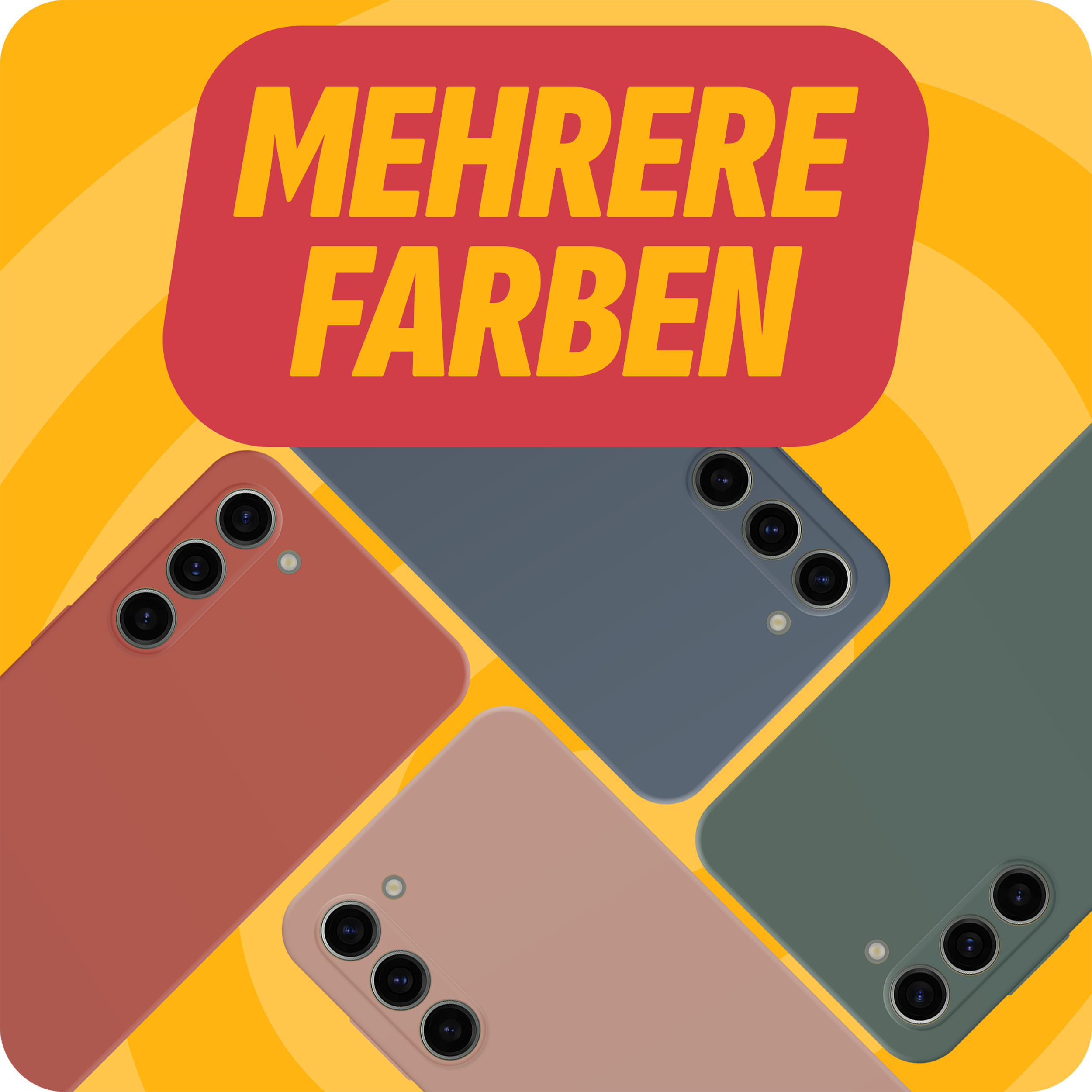 Vier Handyhüllen in verschiedenen Farben. Text: Mehrere Farben.