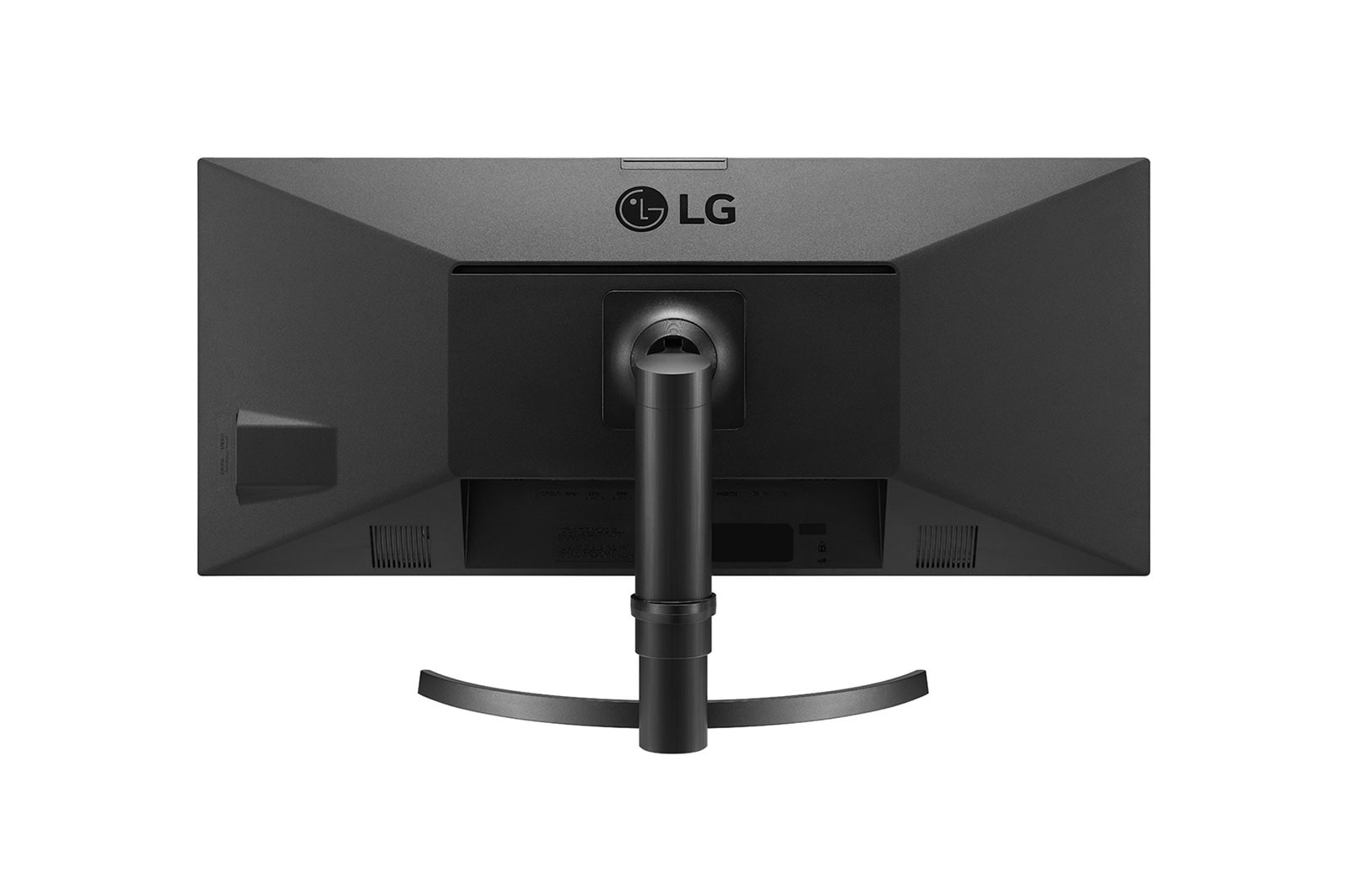 Tył czarnego monitora komputerowego z zakrzywioną podstawą i logo LG.