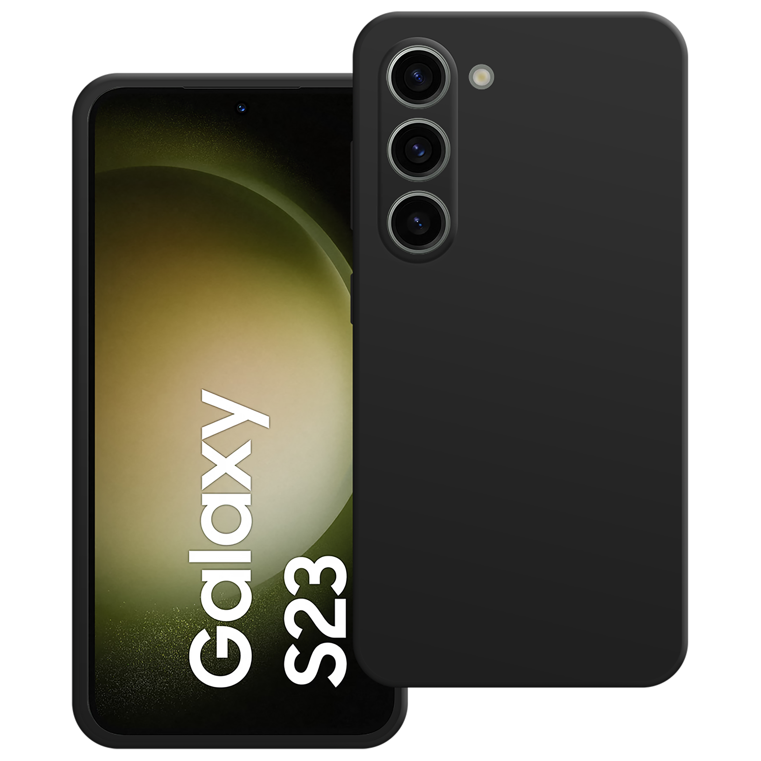Schwarzes Samsung Galaxy S23 mit Hülle. Die Vorderseite zeigt das Telefon und Text.