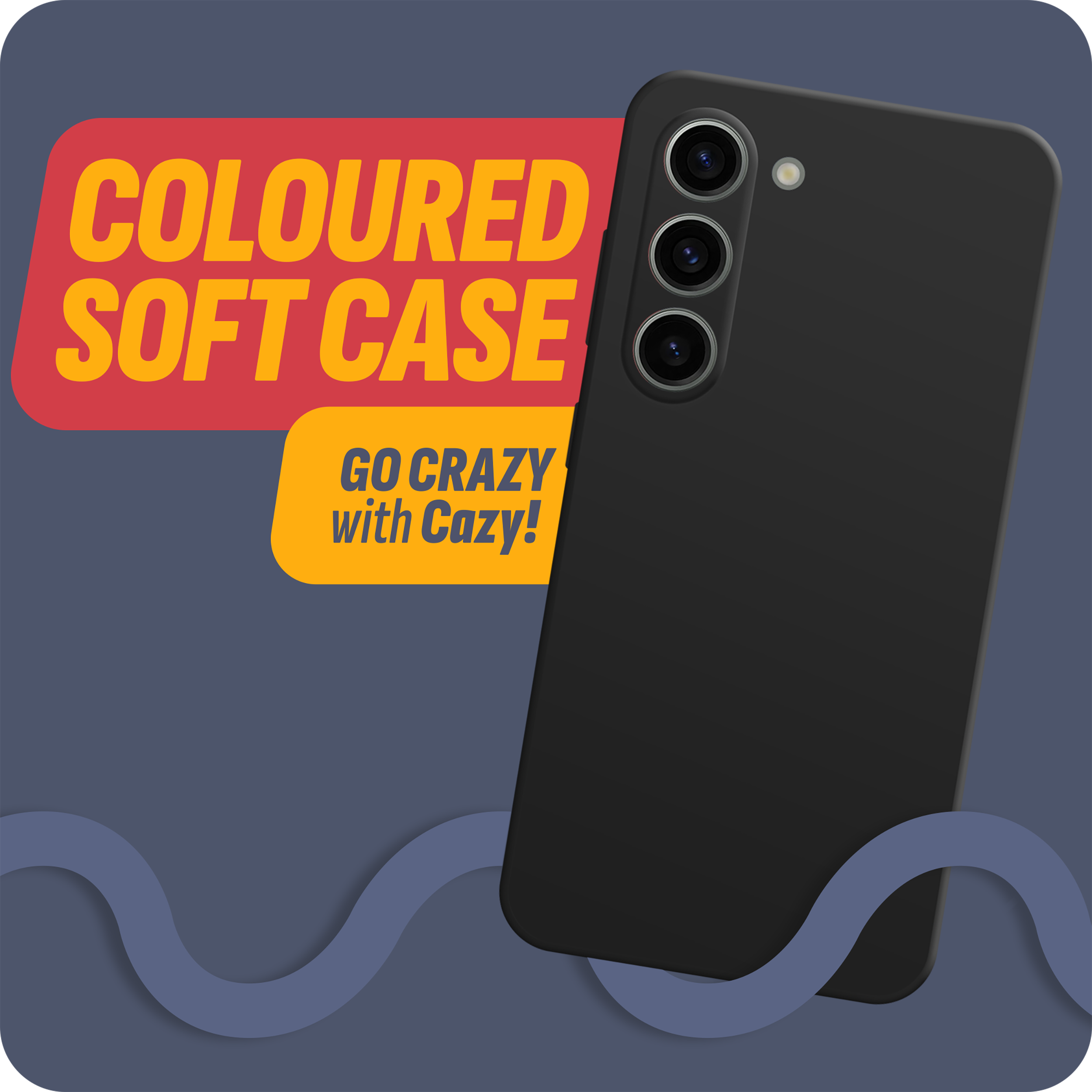Schwarze Handyhülle mit Text 'COLOURED SOFT CASE' und 'GO CRAZY with Cazy!' auf dunklem Hintergrund.