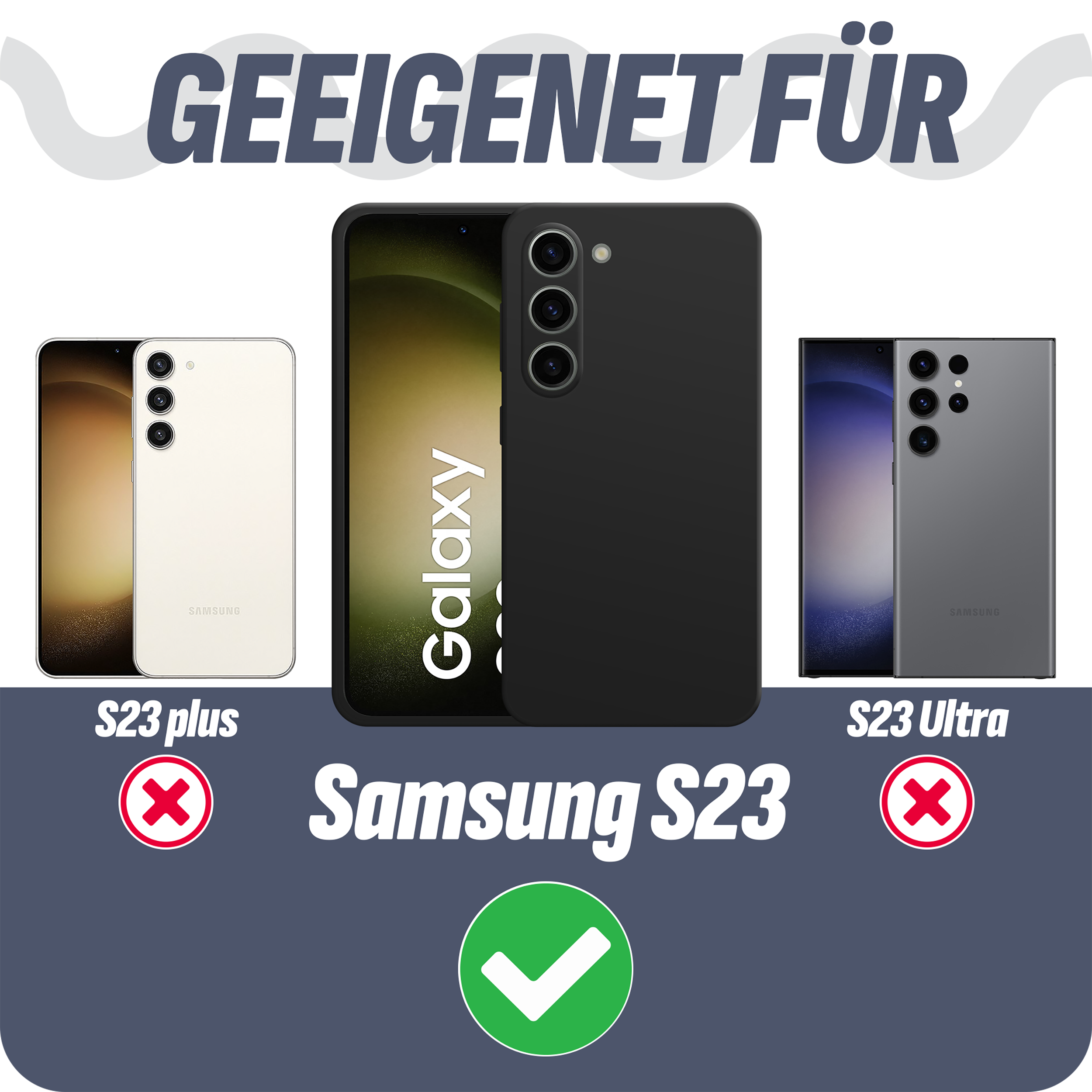 Bild mit drei Telefonmodellen, Samsung S23, mit einem grünen Häkchen auf dem richtigen.