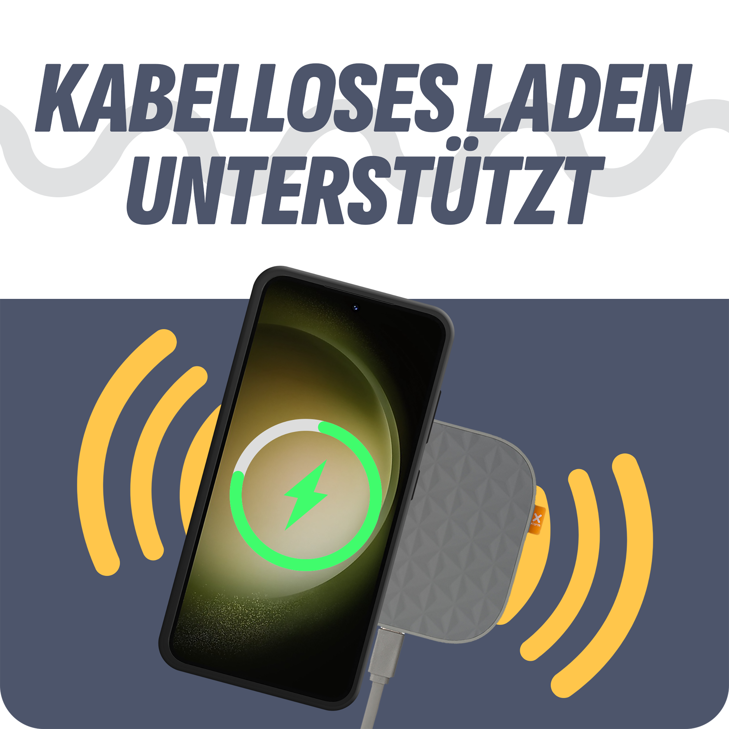 Telefon wird drahtlos auf einem Ladepad aufgeladen. Der Bildschirm zeigt das Ladesymbol. Dunkler Hintergrund.