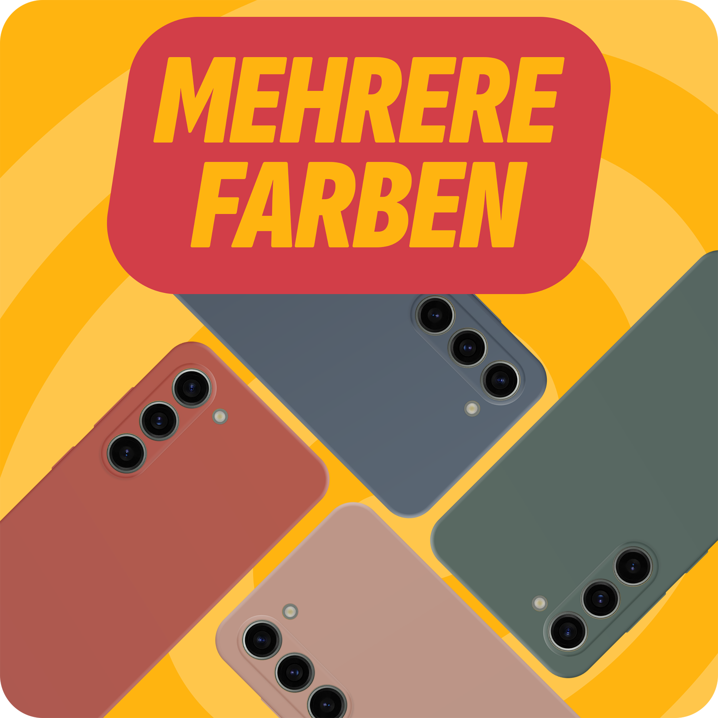 Handyhüllen in Rot, Blau, Rosa und Grün. Gelber Hintergrund. Hüllen haben Kamera- und Knopfausschnitte.