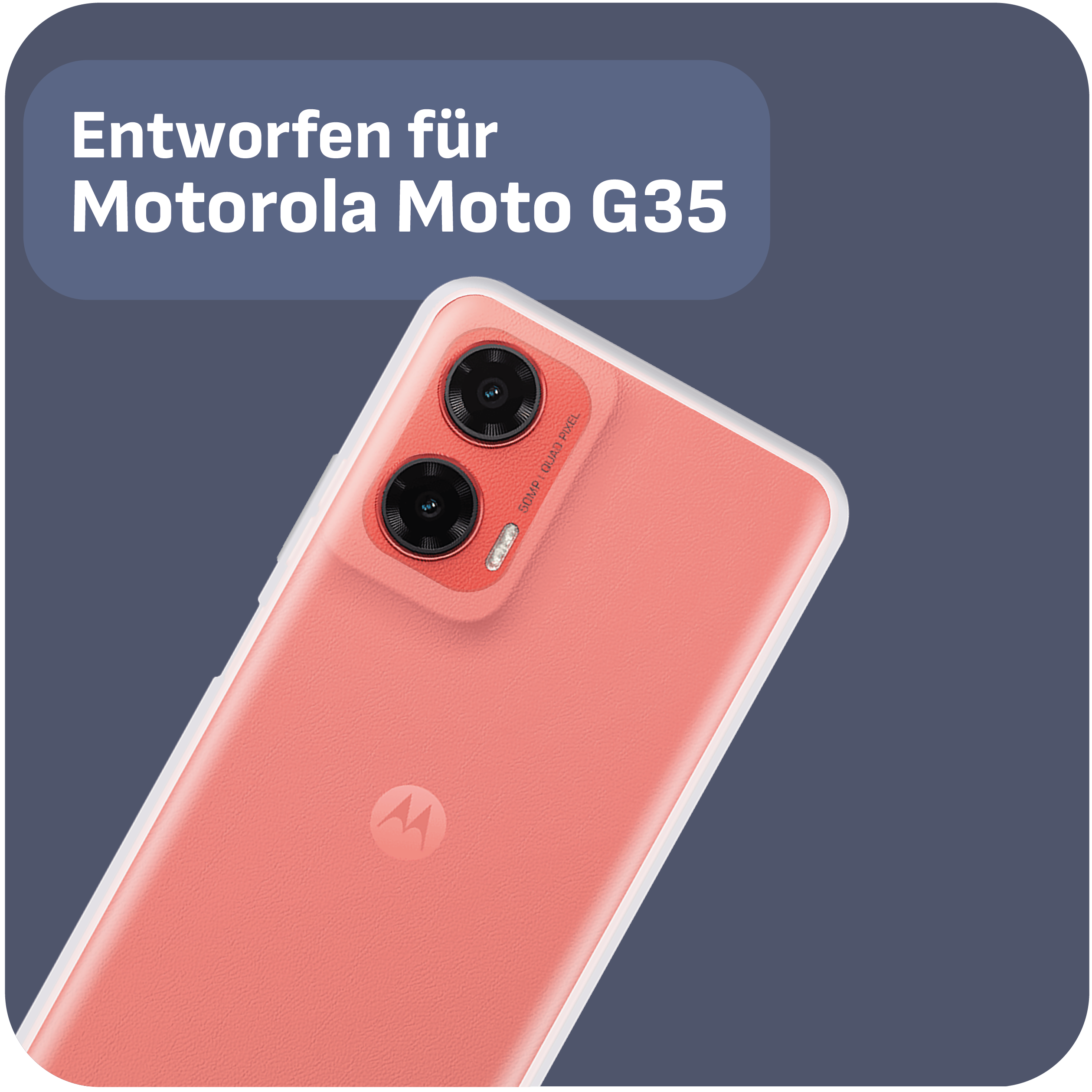 Eine korallenfarbene Handyhülle auf blauem Hintergrund. Es ist für Motorola Moto G35-Telefone konzipiert.