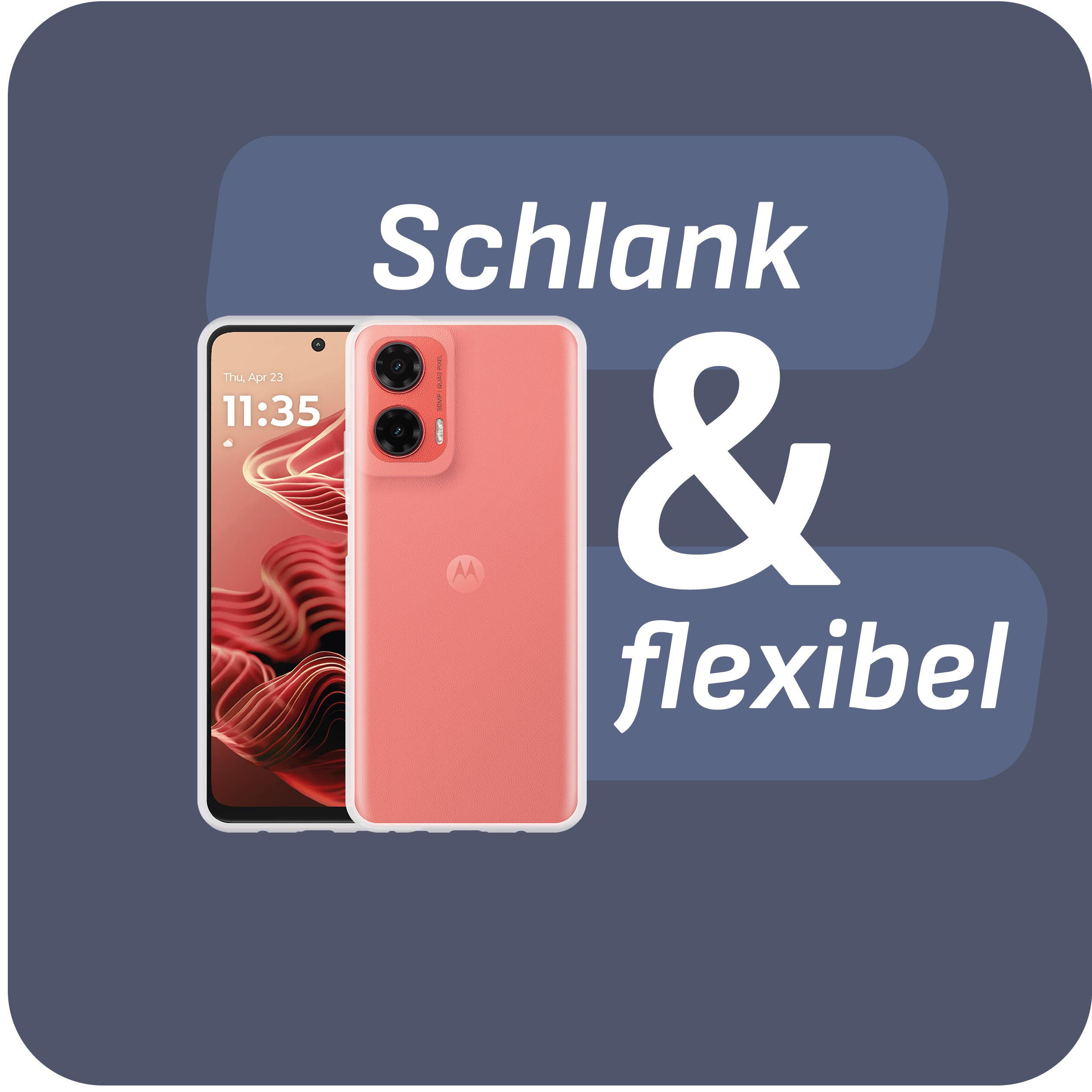 Rosa Smartphone mit Text 'Schlank & flexibel'.