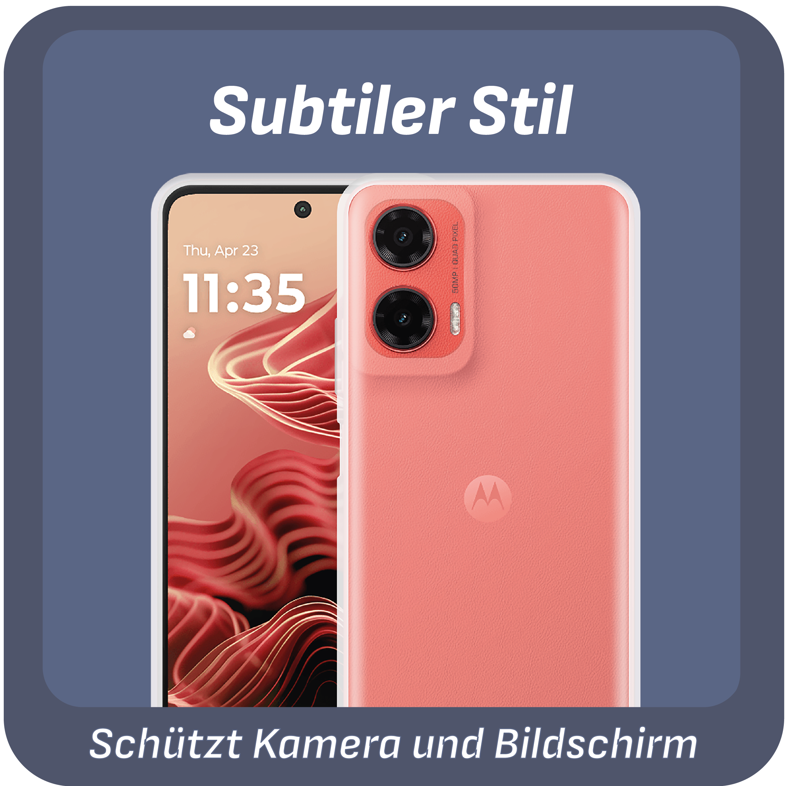 Ein Telefon mit rosa Hülle, Text und schwarzem Hintergrund. Es schützt Kamera und Bildschirm.