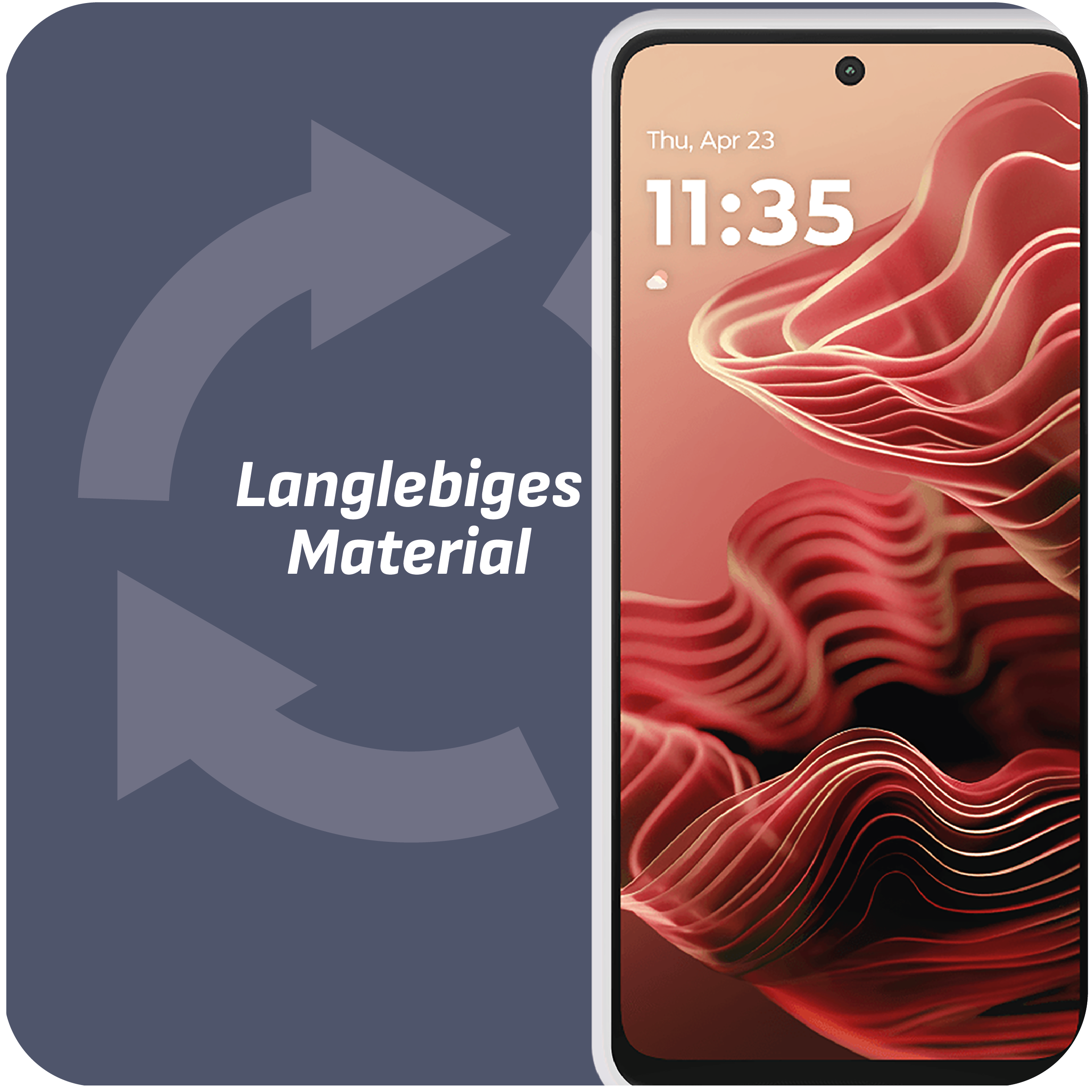 Ein Telefon mit dem Text 'Langlebiges Material' und zwei Pfeilen, die darauf zeigen.