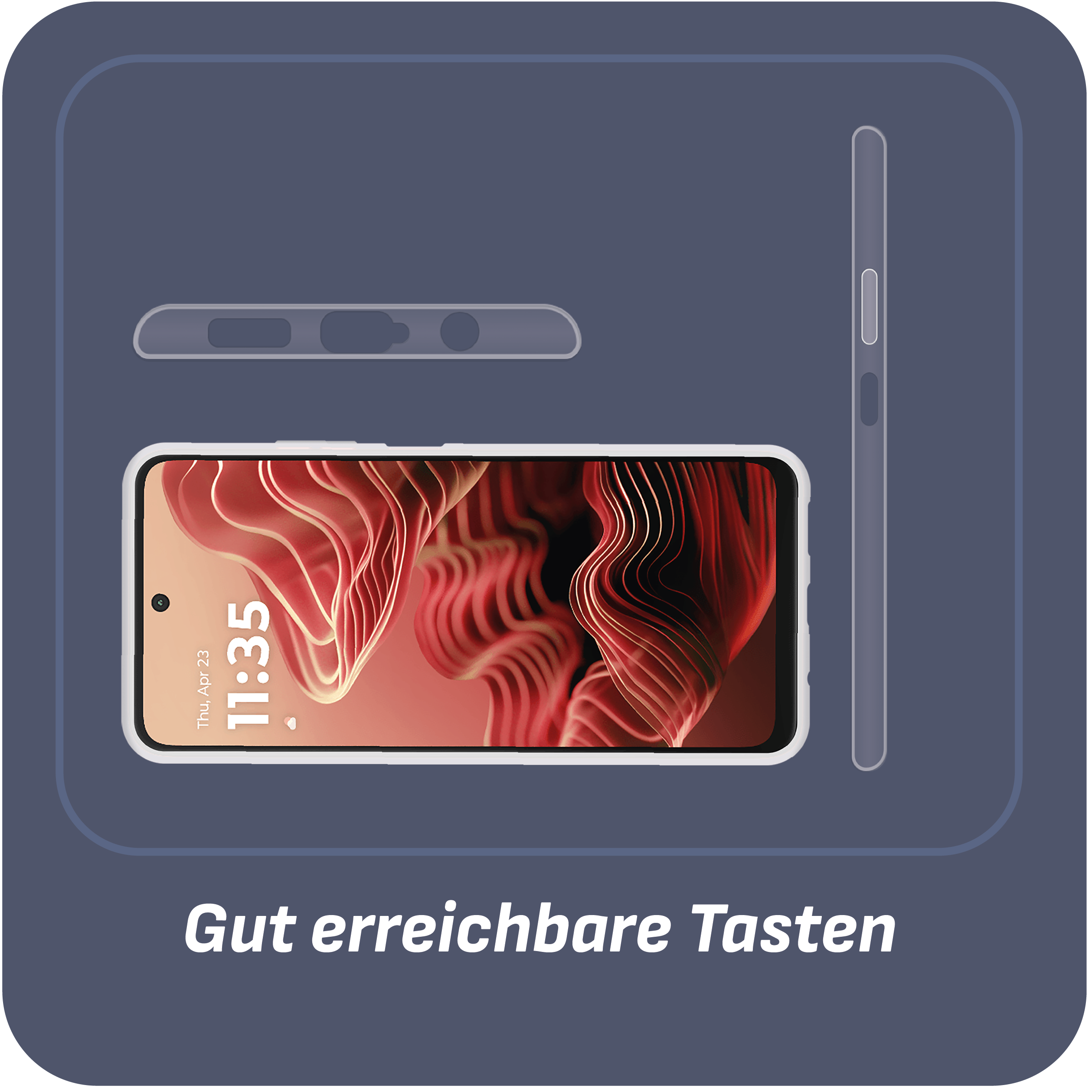 Telefon mit Hülle, zeigt die Uhrzeit auf dem Bildschirm. Eine Hülle wird separat gezeigt. Text auf Deutsch.