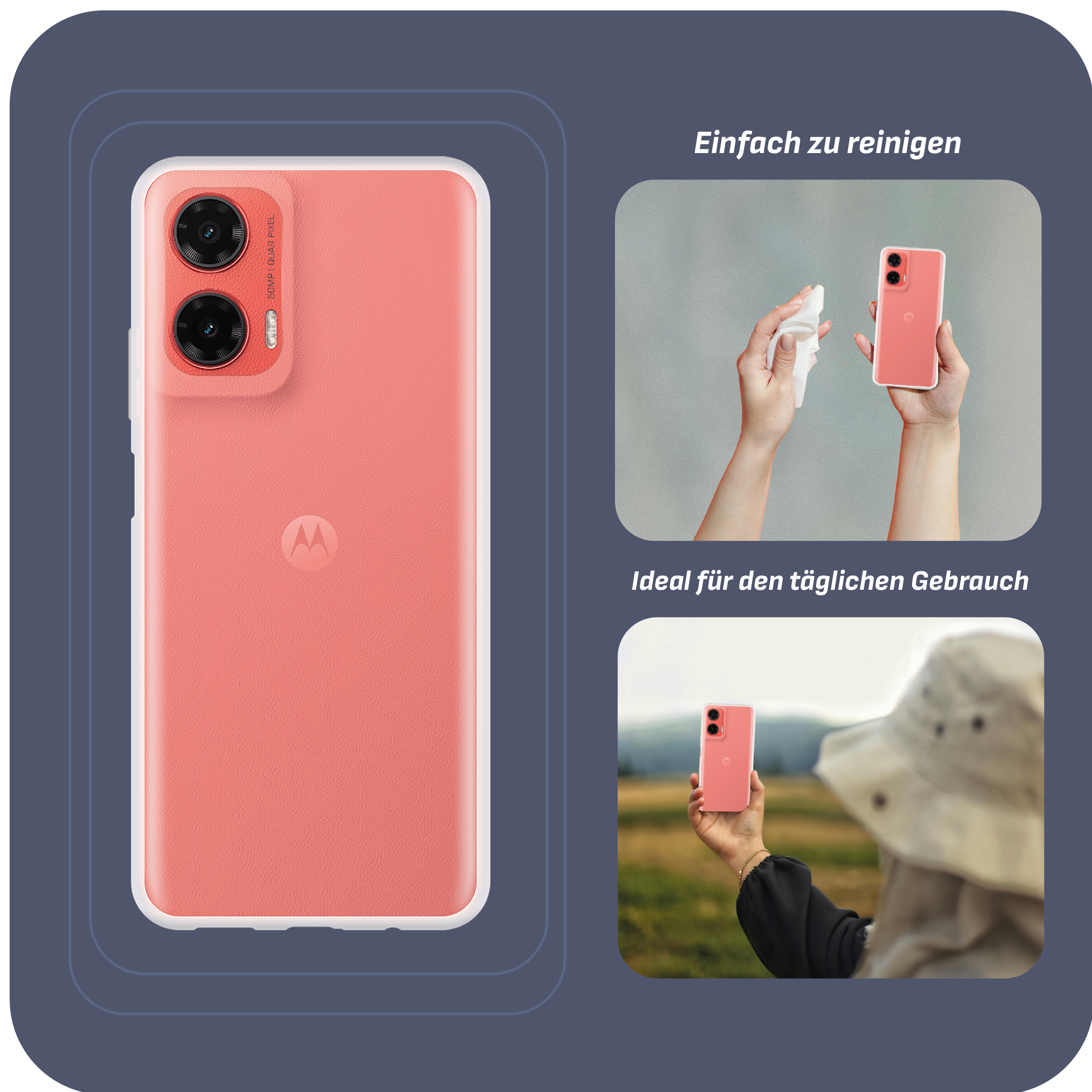 Pinkes Telefon, weißes Gehäuse. Text: Leicht zu reinigen, ideal für den täglichen Gebrauch. Zwei Bilder.