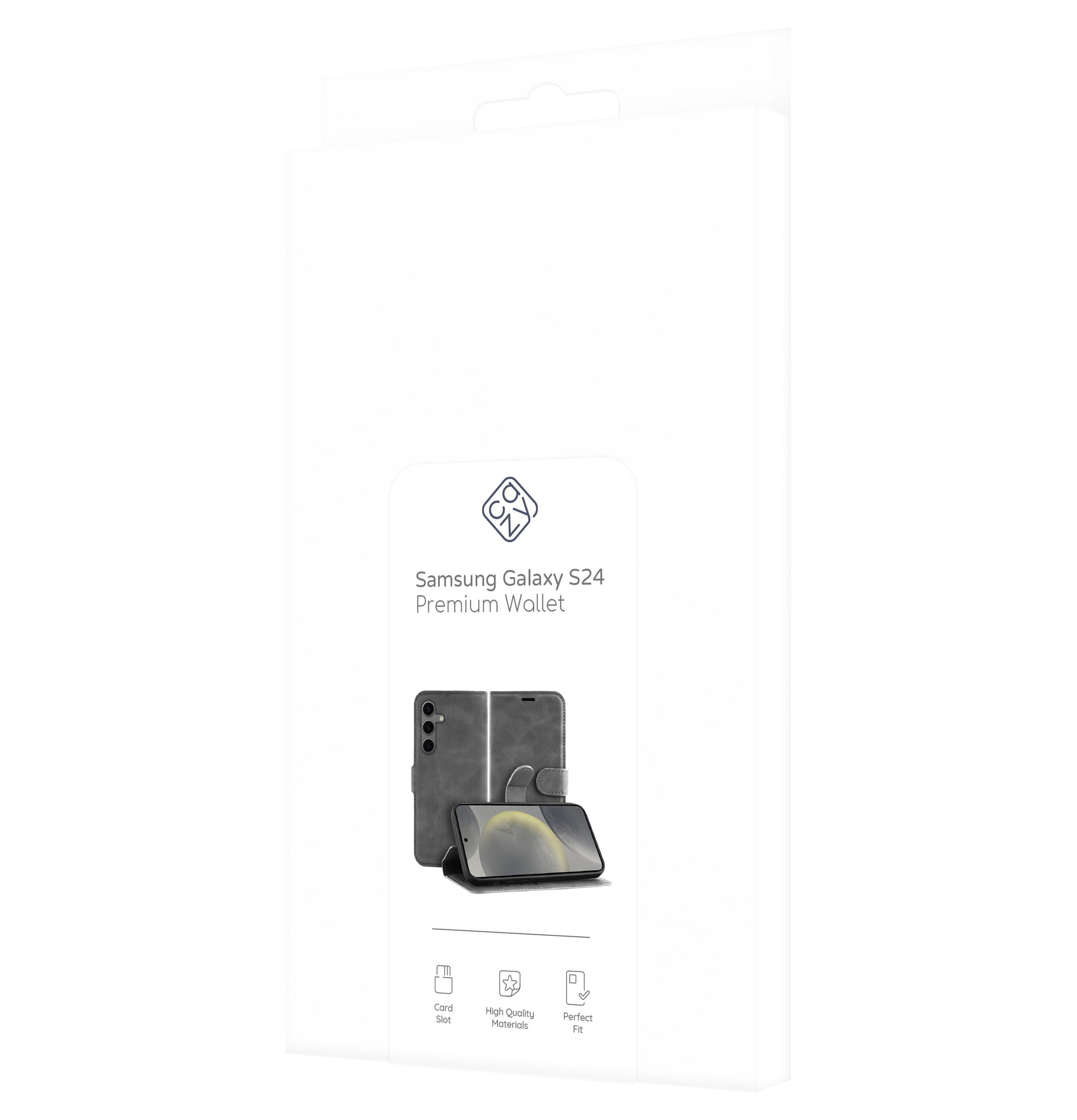 Eine weiße Box mit einer Handyhülle, die Telefon und Hülle zeigt. Text: "Samsung Galaxy S24 Premium Wallet".