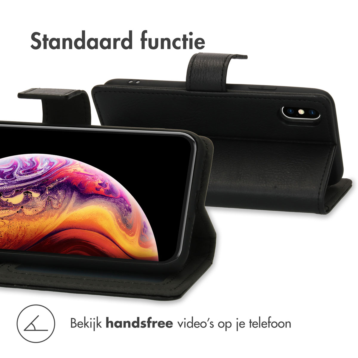 Un téléphone noir avec un étui portefeuille ouvert. L'écran affiche des graphiques colorés. Fond blanc.