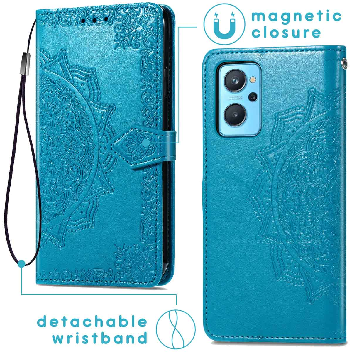 Turquoise telefoonhoes, bloemenontwerp, afneembare polsband, magnetische sluiting, telefoon binnen.