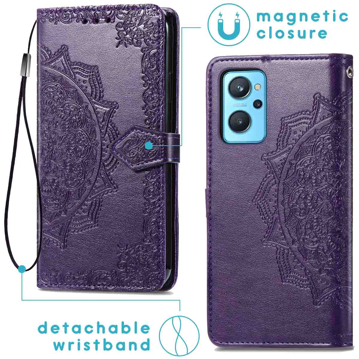 Coque de téléphone violette, motif floral, dragonne amovible, fermeture magnétique, téléphone à l'intérieur.