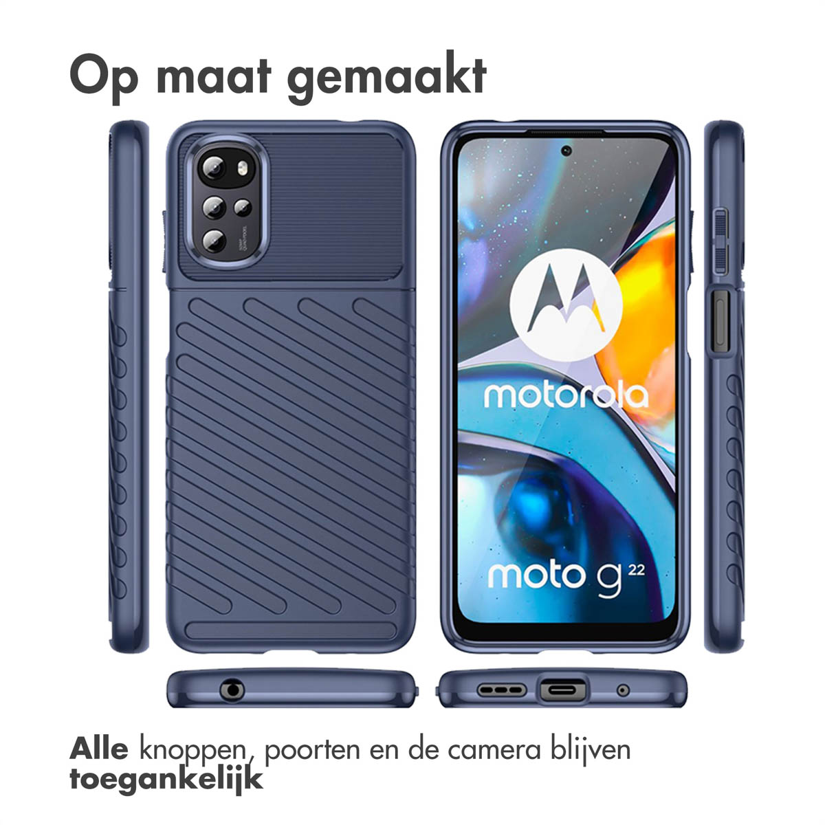 Étuis de téléphone sous différents angles. Les étuis sont bleus et comportent du texte.