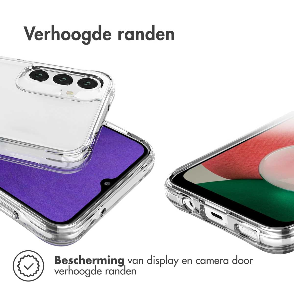 Twee transparante telefoonhoesjes, met verhoogde randen die het scherm en de camera beschermen.