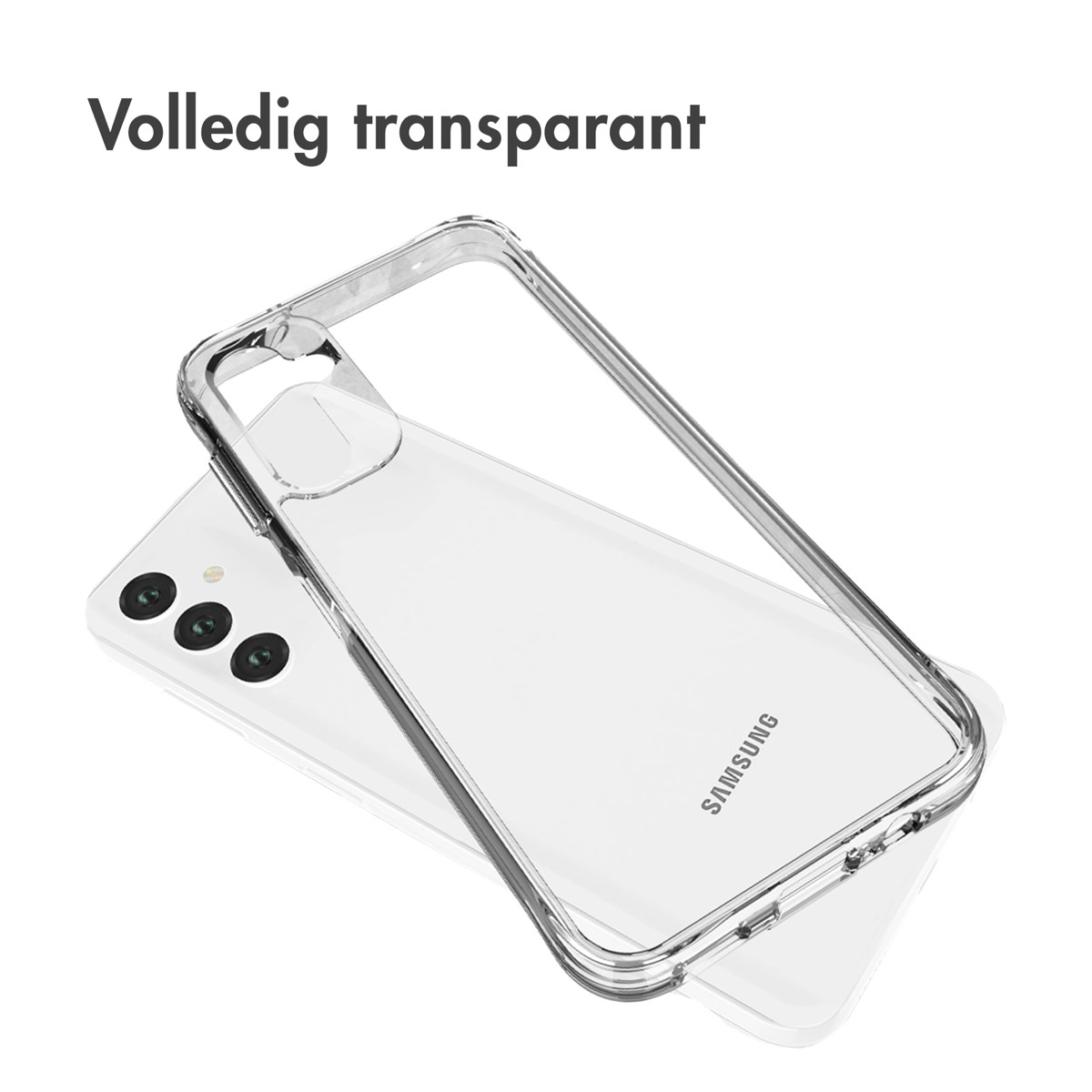 Een doorzichtige telefoonhoes over een witte telefoon. De hoes zegt 'SAMSUNG'.