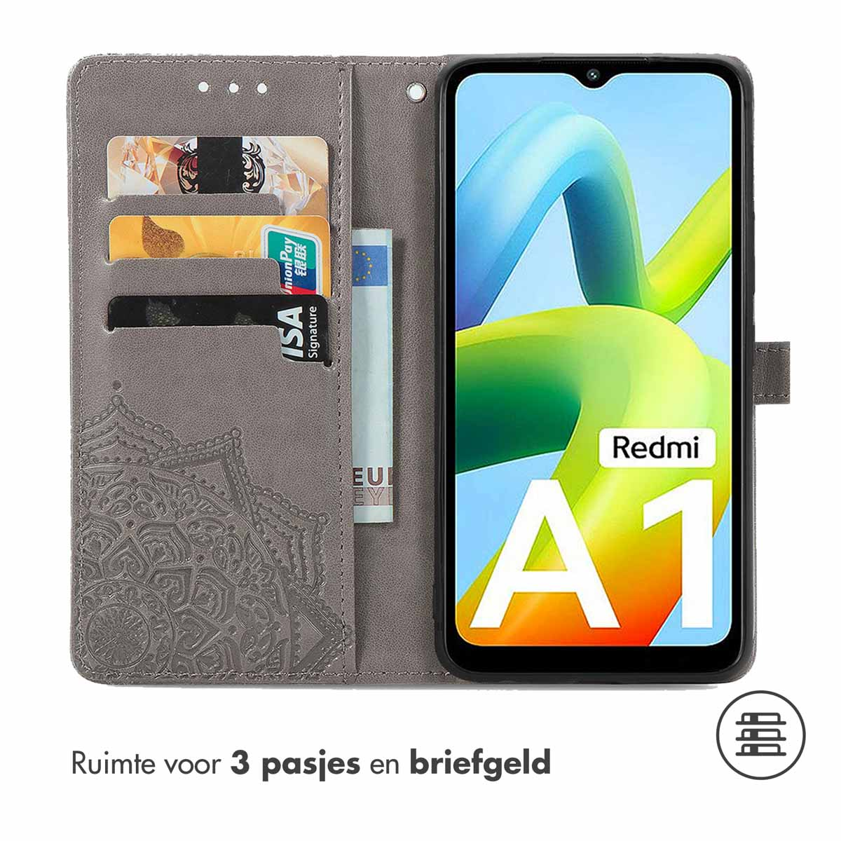 Grijze telefoonhoes open met telefoon en kaarten. De telefoon toont een scherm. Tekst: '3 kaarten'.