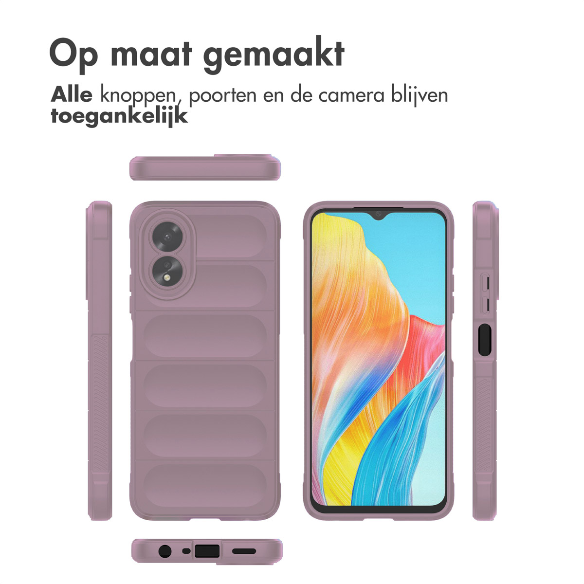 Vues multiples d'une coque de téléphone lilas, avec du texte en néerlandais.
