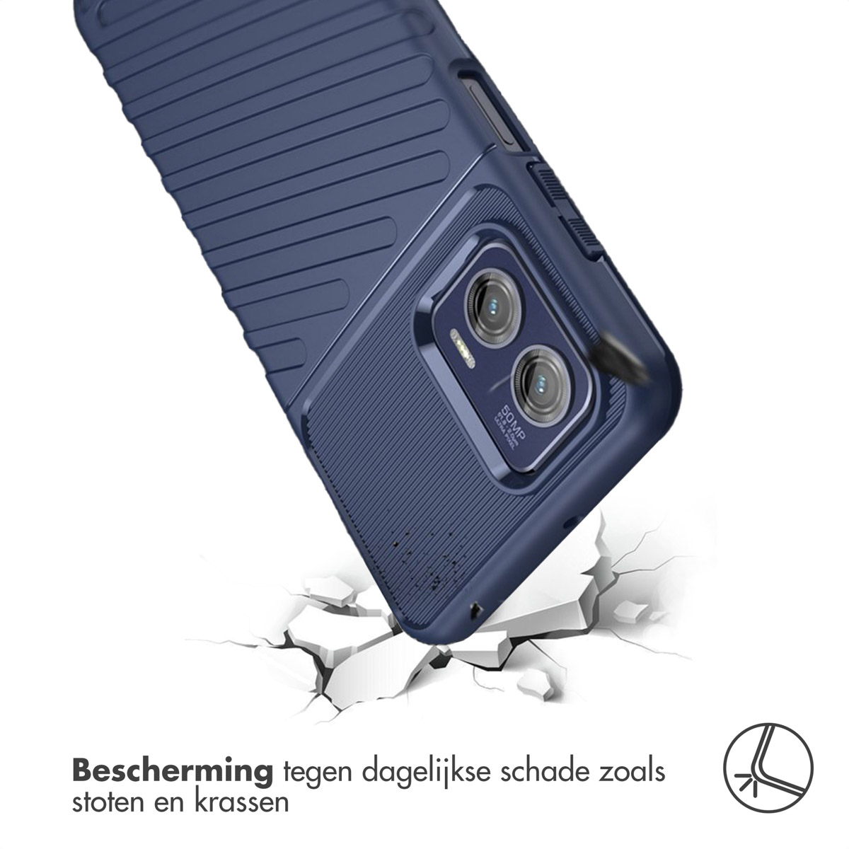 Een blauwe telefoonhoes met een geribbeld ontwerp en een telefoon zichtbaar van achteren, met een gebarsten oppervlak.