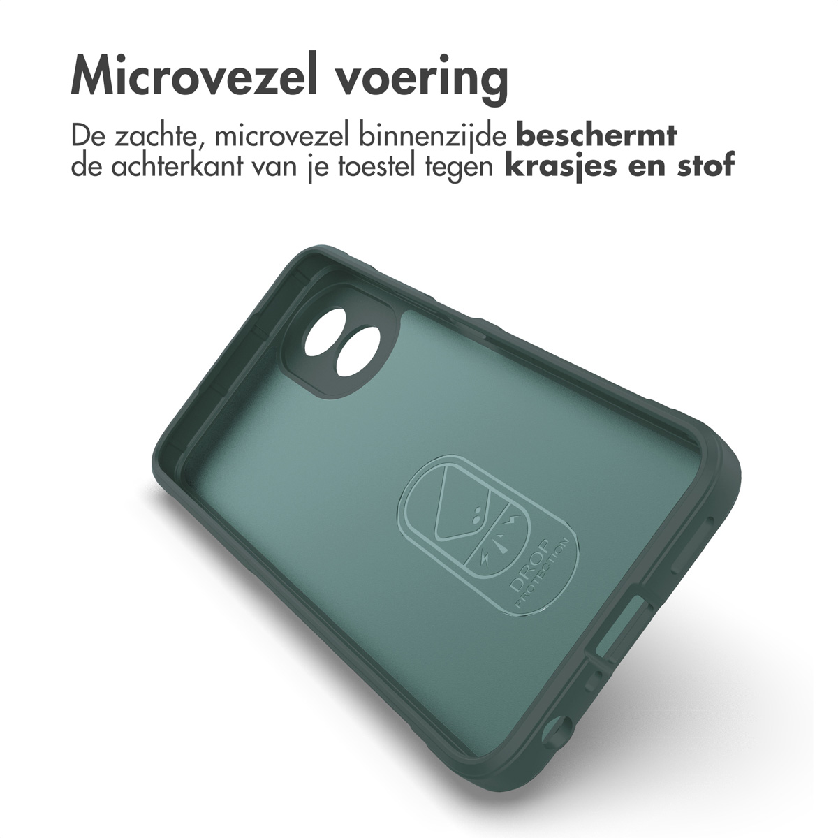 Une coque de téléphone verte avec une doublure en microfibre, montrant l'intérieur de la coque.