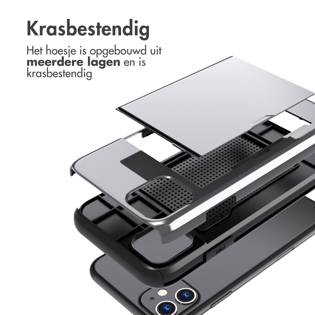 Exploded view van een telefoonhoesje. De hoes heeft meerdere lagen, waaronder een zilveren, zwarte en heldere laag.