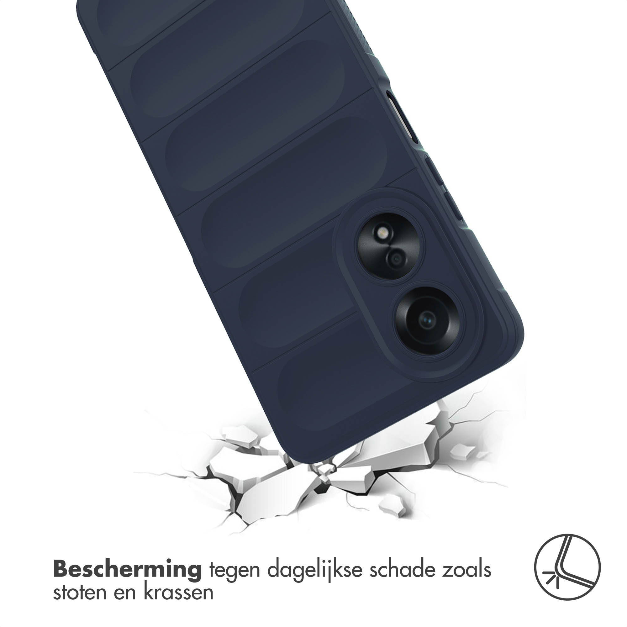 Een marineblauwe telefoonhoes met een getextureerd oppervlak, die op een gebarsten betonnen oppervlak valt.