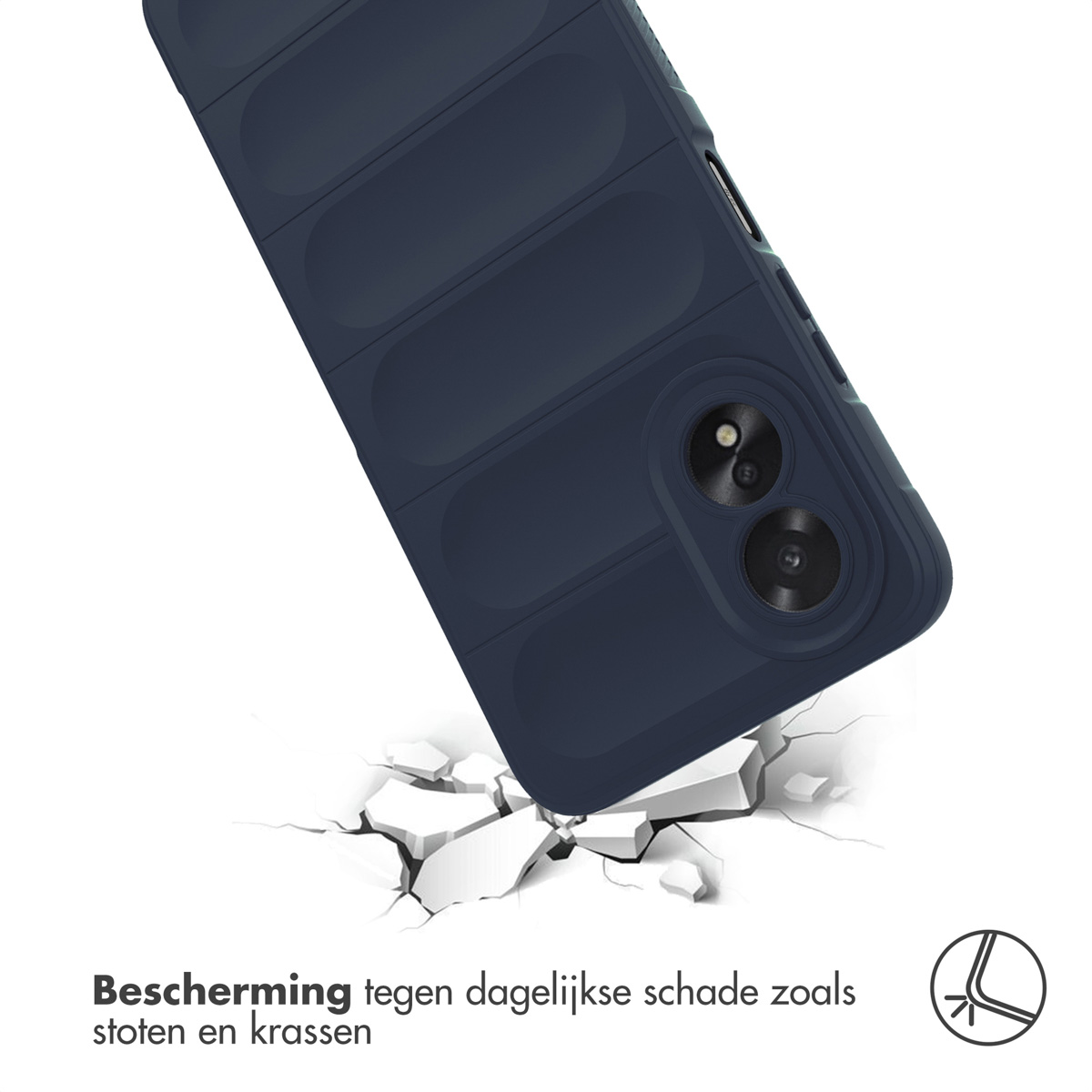 Une coque de téléphone bleu marine avec une surface texturée, tombant sur une surface de béton fissurée.