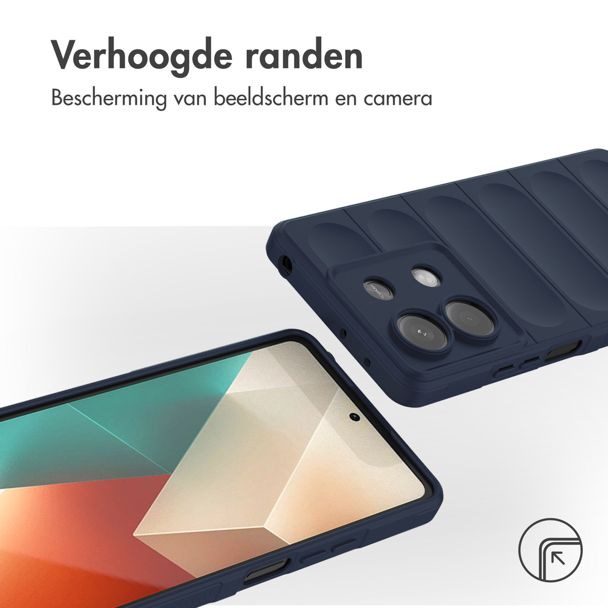 Twee donkerblauwe telefoonhoesjes. Toont verhoogde randen voor scherm- en camerabescherming.