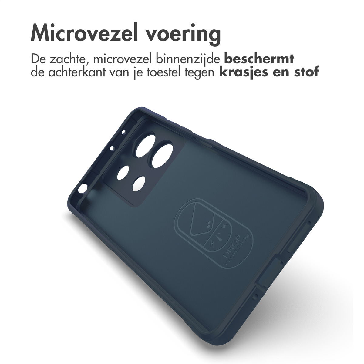 Donkerblauwe binnenkant van de telefoonhoes. Tekst: Microvezelvoering beschermt de achterkant tegen krassen en stof.
