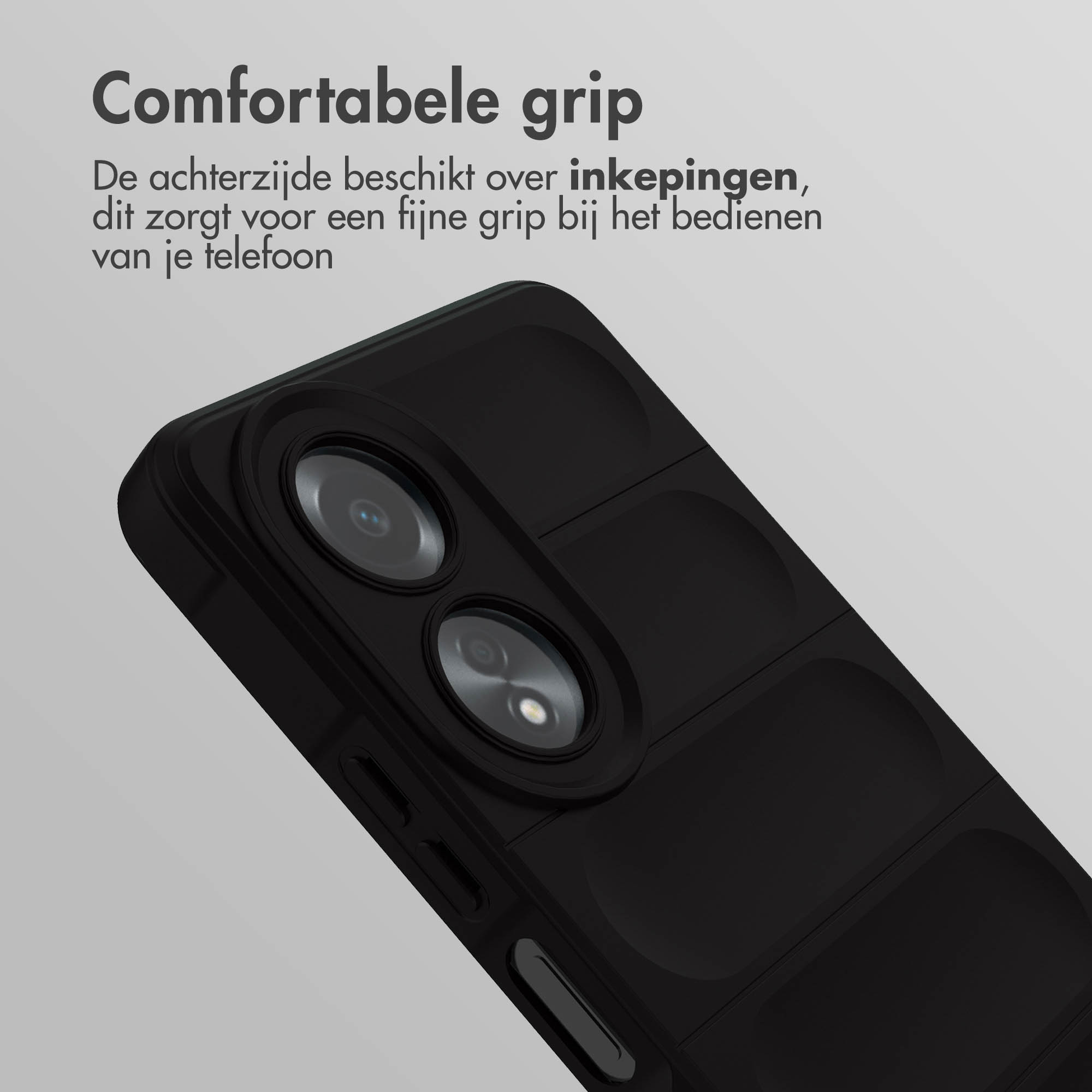 Close-up van een zwarte telefoonhoes, toont tekst over comfortabele grip.