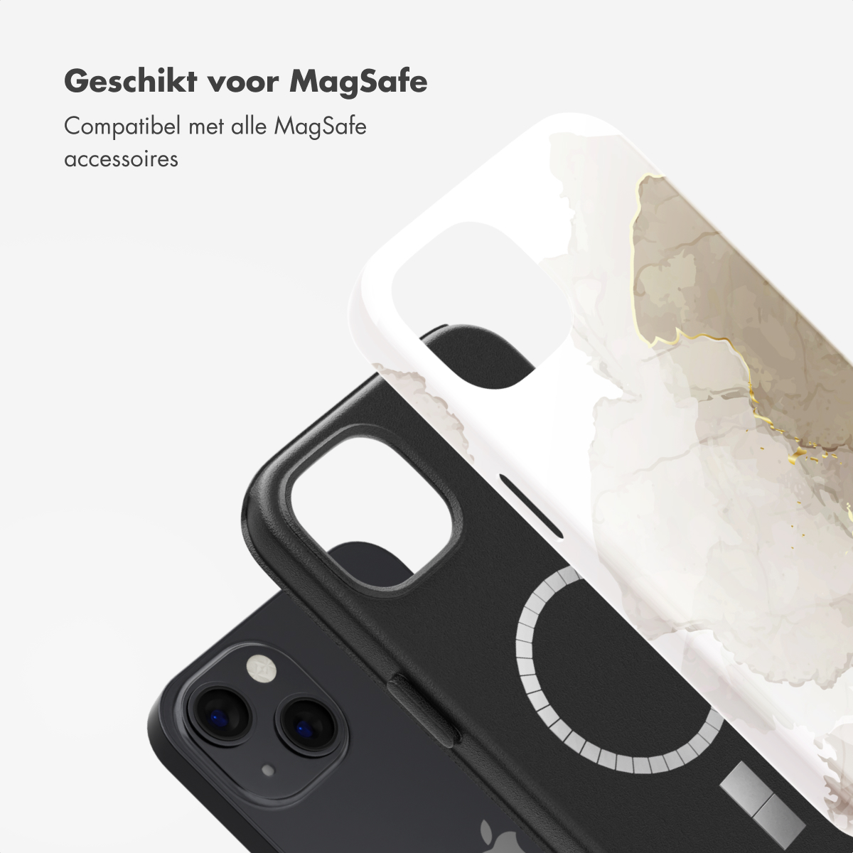 Gros plan sur deux coques de téléphone. L'une est blanche avec un design doré, l'autre noire avec un cercle blanc.