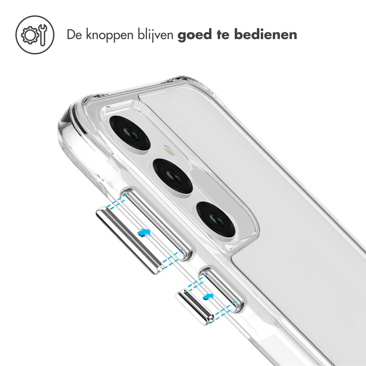 Een doorzichtige telefoonhoes met de telefoonknoppen. De knoppen zijn gemakkelijk bereikbaar.