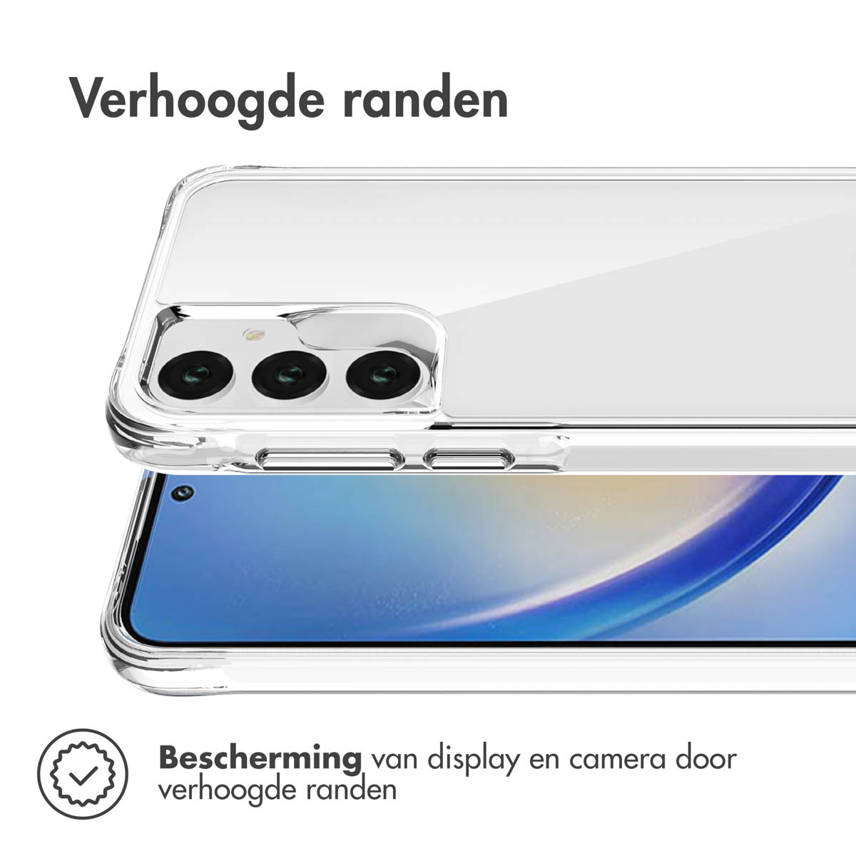 Transparante telefoonhoes op telefoon. Tekst: Bescherming van display en camera door verhoogde randen.