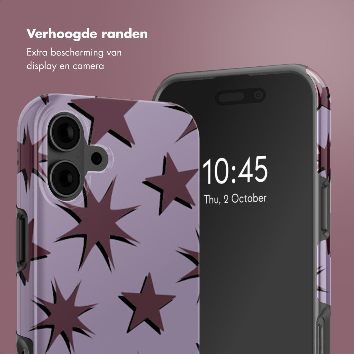 Una custodia per telefono con un design a stelle viola. Il telefono mostra l'ora: 10:45, giovedì 2 ottobre.