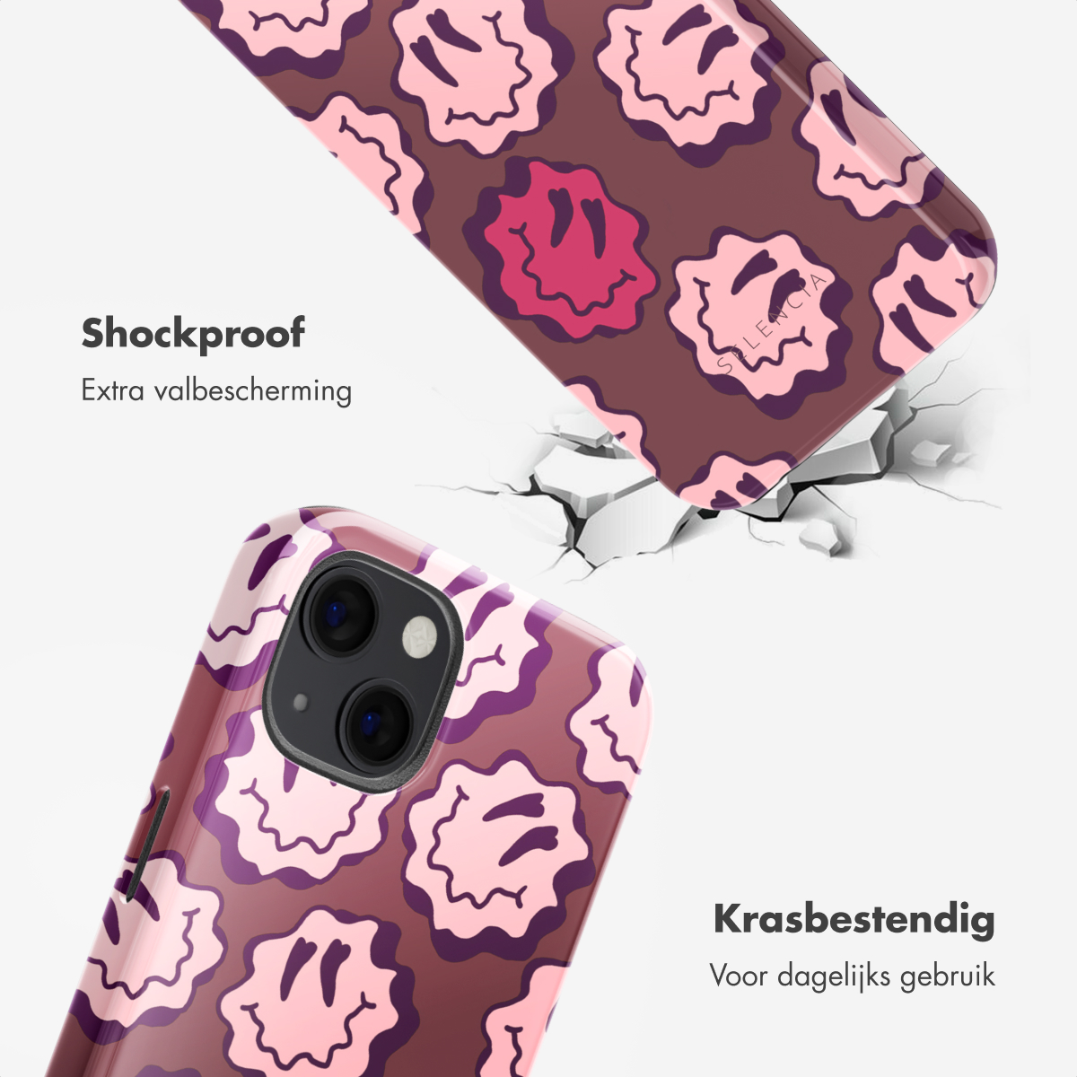 Coques de téléphone avec un motif de smiley, une qui tombe, une au sol.