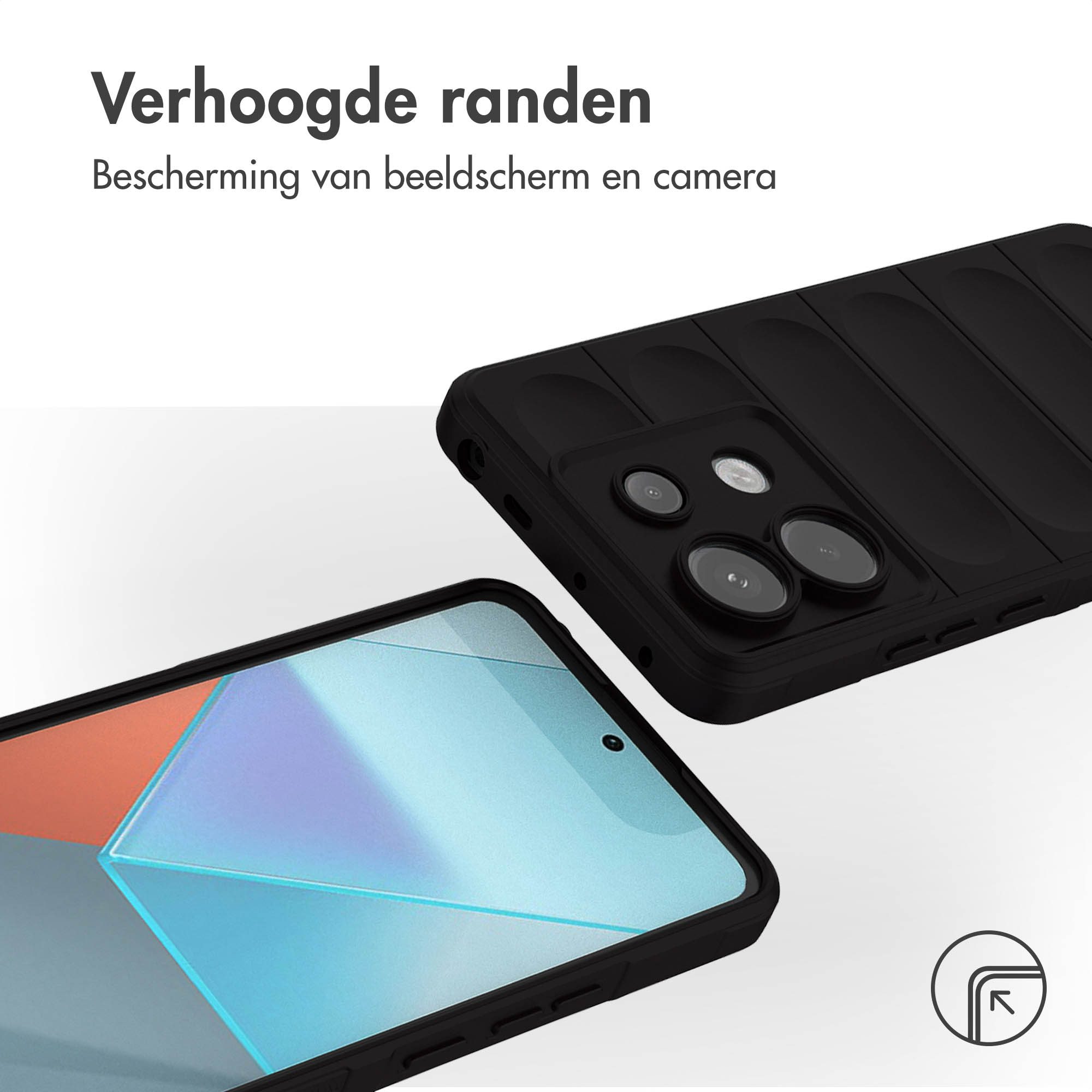 Zwarte telefoonhoes met open hoes en telefoon. Nederlandse tekst 'Verhoogde randen'.