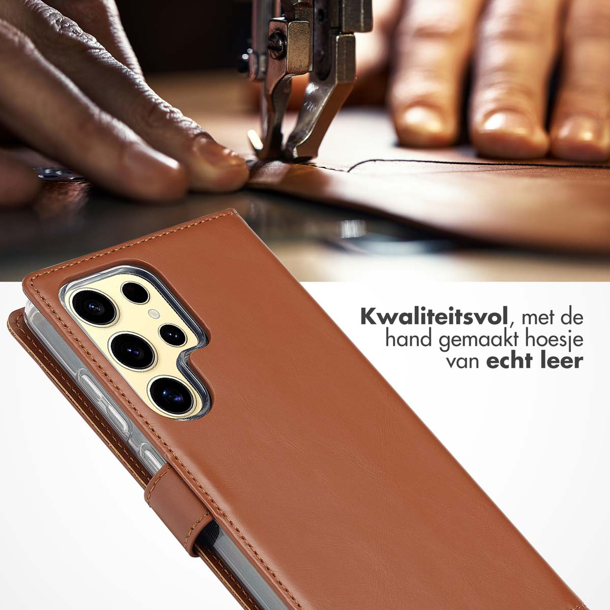 Bruine leren telefoonhoes met een telefoon erin, en een naaimachine op de achtergrond. Kwaliteitsleer gebruikt.
