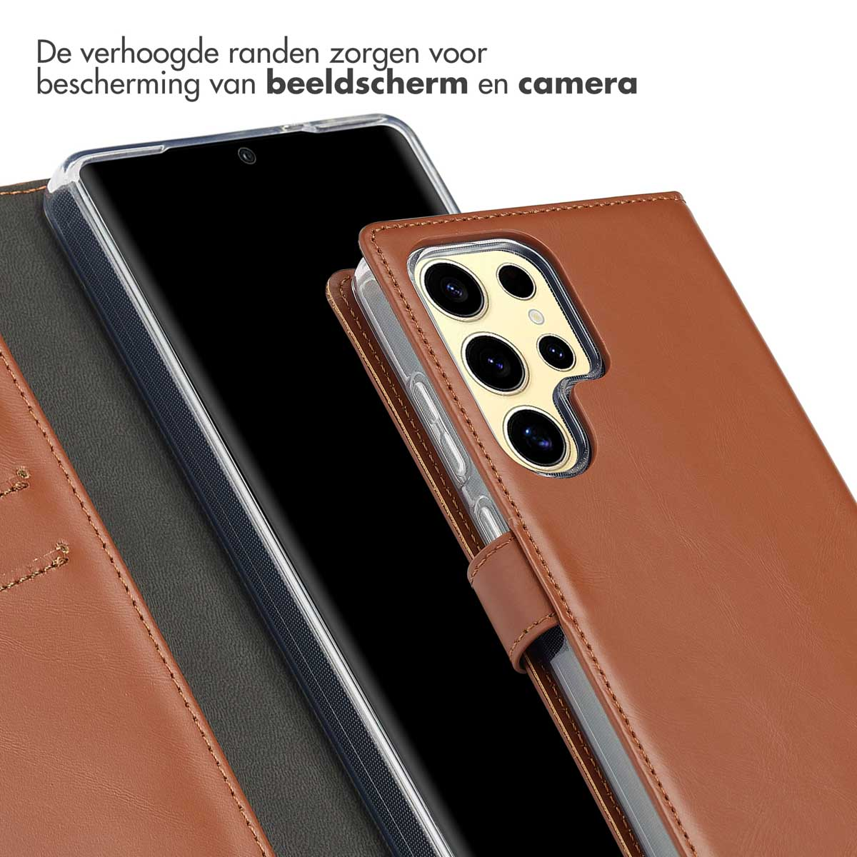 Bruine telefoonhoes met een telefoon erin. De hoes heeft verhoogde randen en beschermt het scherm en de camera.