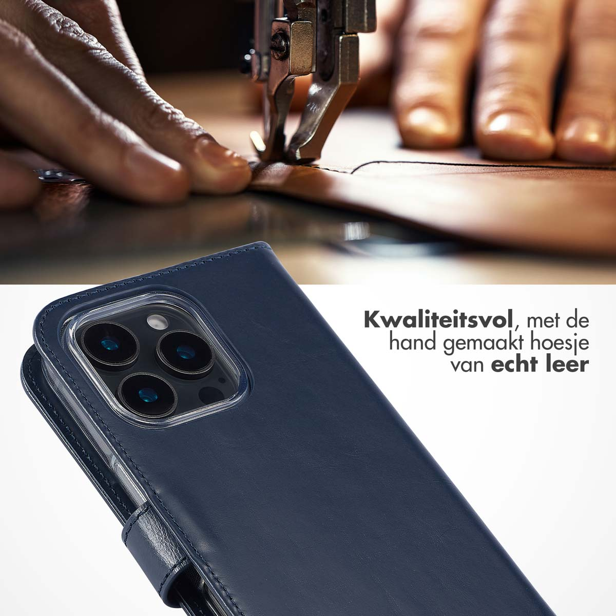 Close-up van een marineblauwe telefoonhoes met portemonnee-ontwerp, naast een naaimachine. Leer.