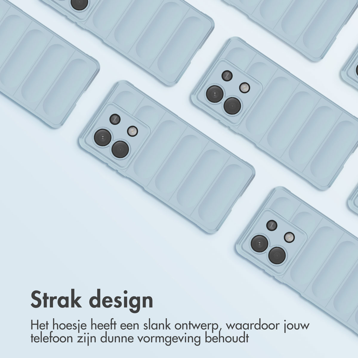 Meerdere lichtblauwe telefoonhoesjes gerangschikt op een blauwe gradiënt achtergrond. Tekst: 'Strak design'.