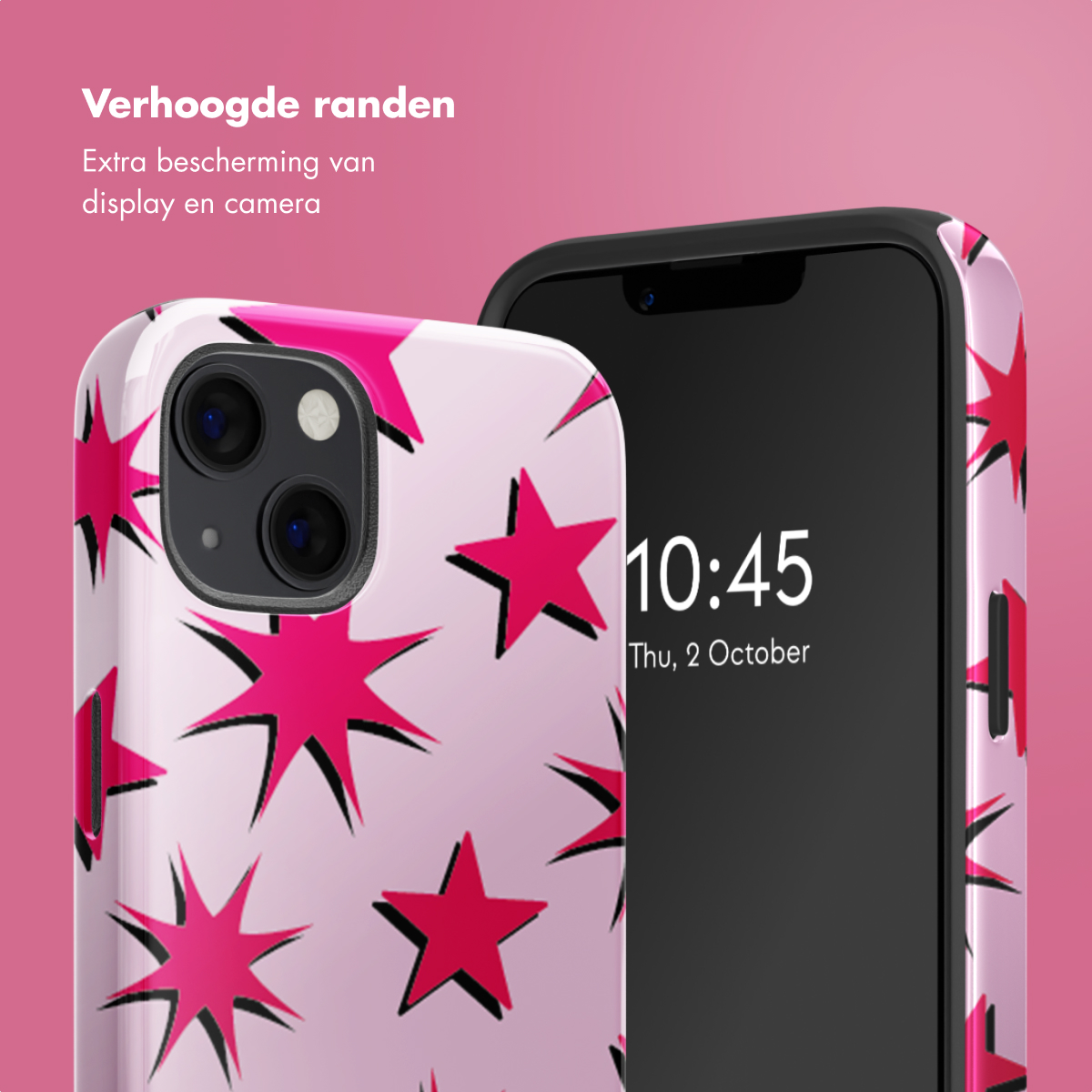 Smartphone avec un étui rose à motifs d'étoiles, à côté d'un téléphone à écran noir.