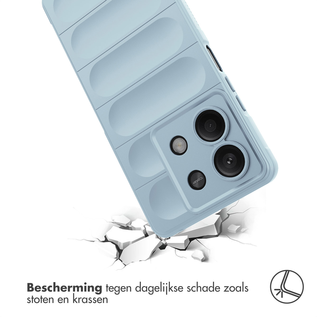 Lichtblauwe telefoonhoes. Telefoon in hoes op grond met scheuren, tekst zegt bescherming tegen dagelijkse schade.