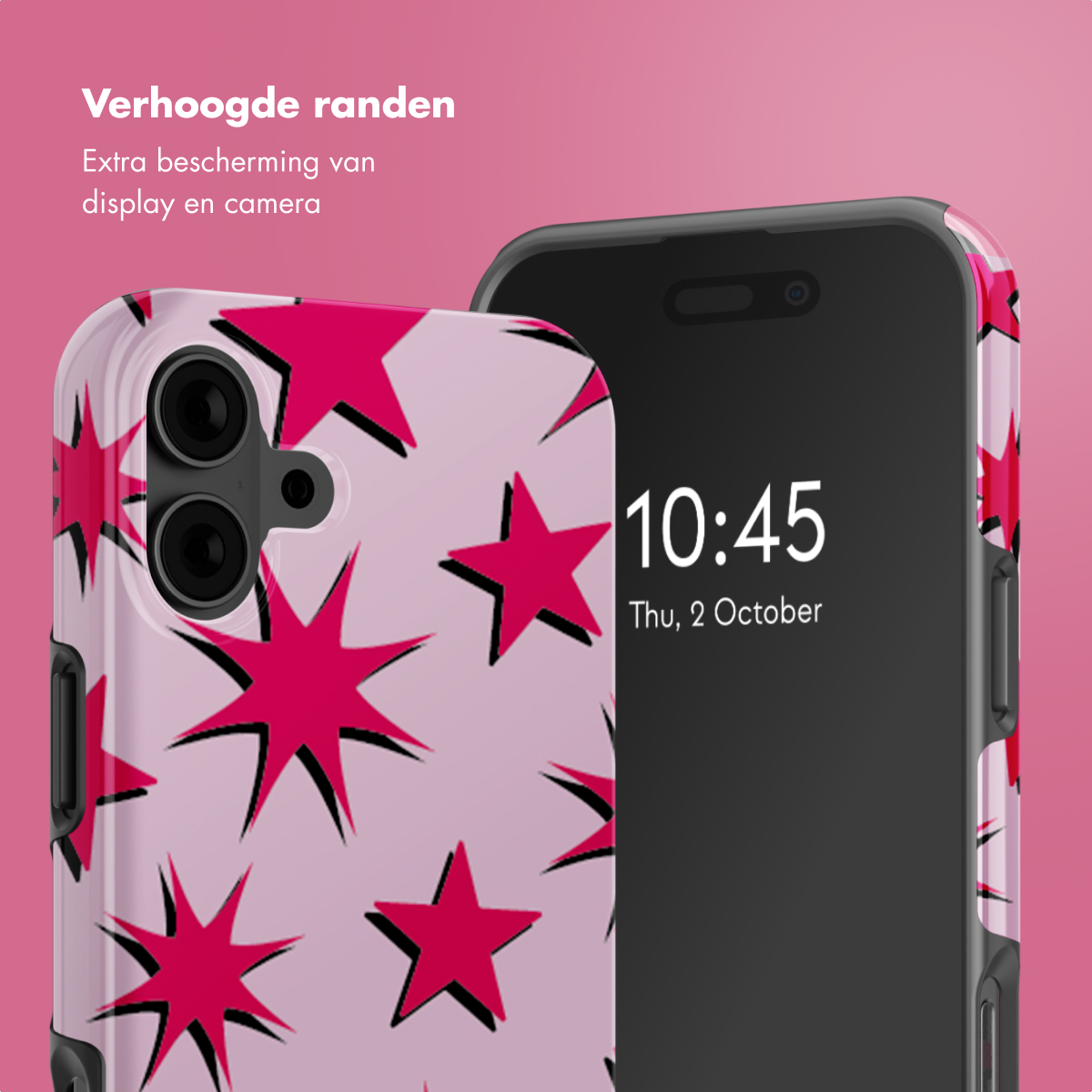 Primo piano di due telefoni, uno con una custodia rosa a stelle, e un altro con schermo visibile.
