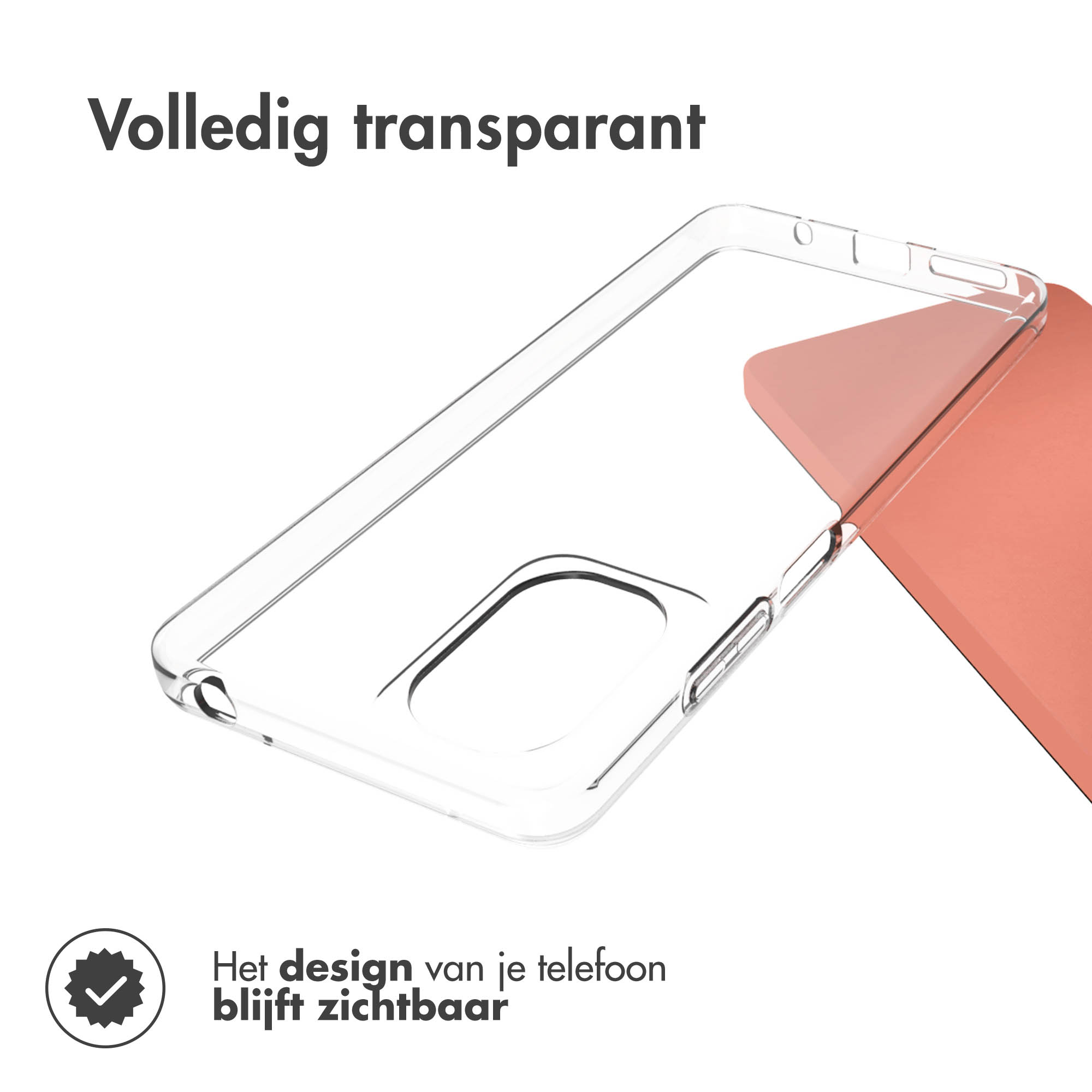 Coque de téléphone transparente sur fond rose. Fine et transparente, texte visible.
