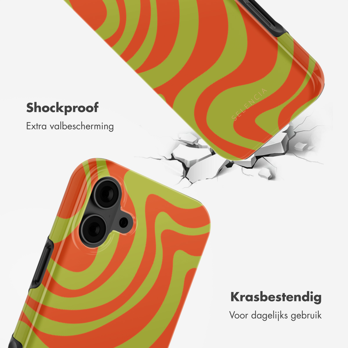Due custodie per telefoni con un design ondulato arancione e verde. Una è incrinata, con testo.