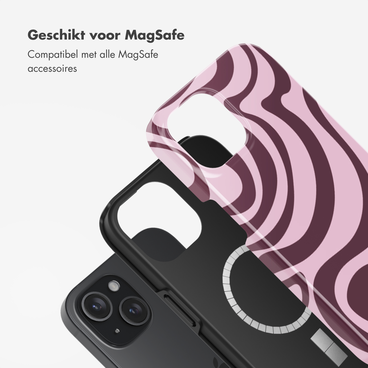 Smartphone avec coque, montrant le téléphone avec un motif tourbillon rose et violet. Compatible MagSafe.